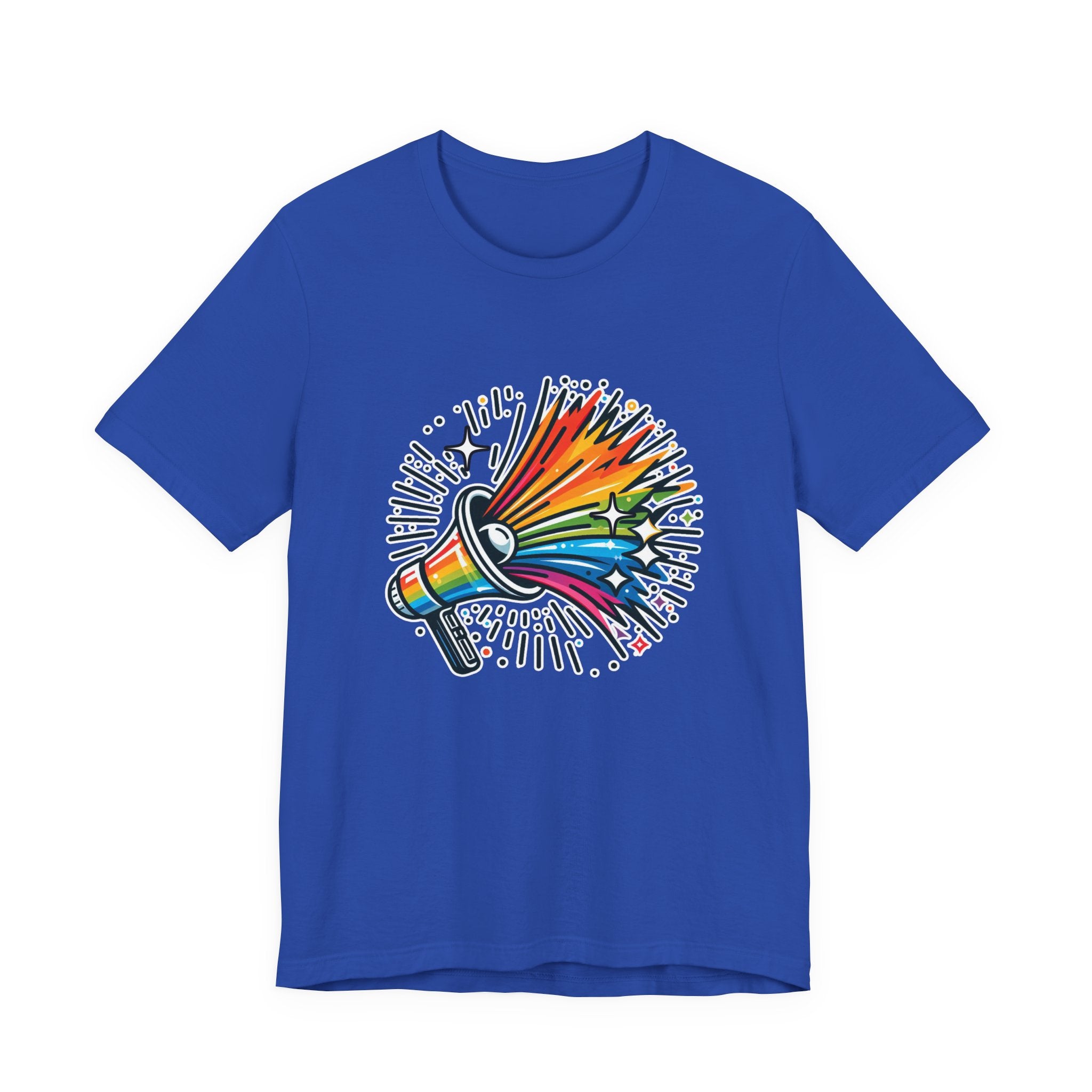 Proud & Loud – Colorful Handheld Speaker with Exploding Stars Graphic T-Shirt