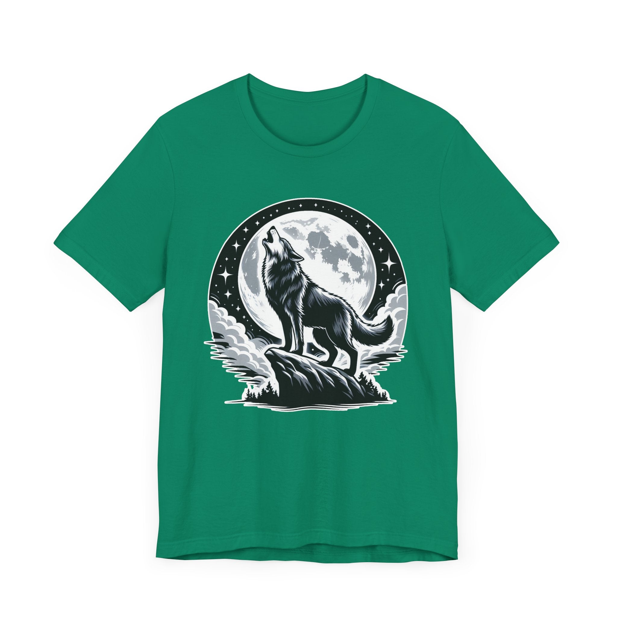 Mystical and Wild - Wolf Howling on Mountain Edge with Full Moon and Stars Graphic T-Shirt