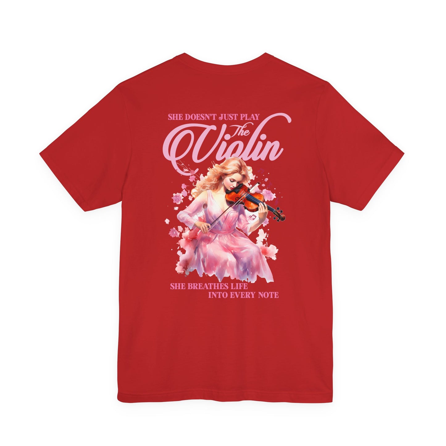 The Violin T-Shirt – Woman in Pink Dress with Flowers and Music Notes
