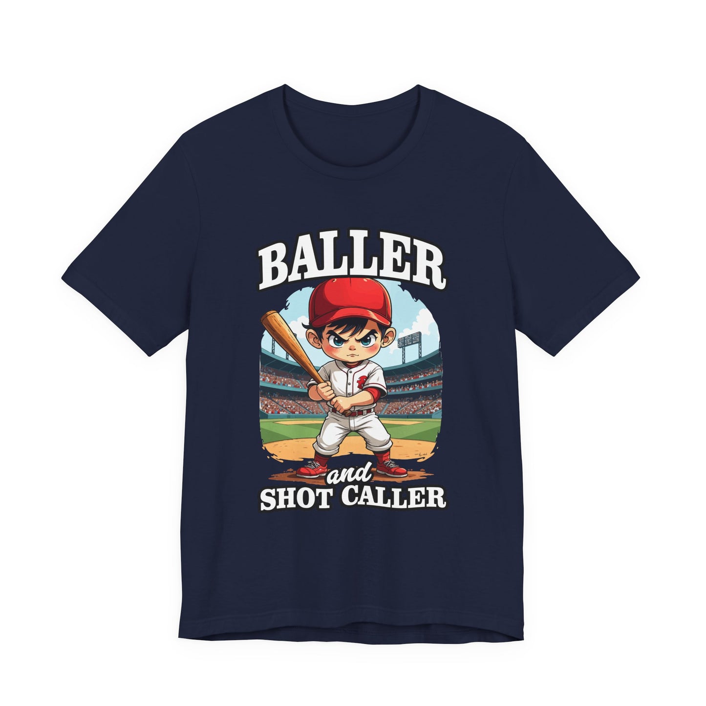 Baller And Short Caller Tshirt young baseball player standing confidently on the pitch