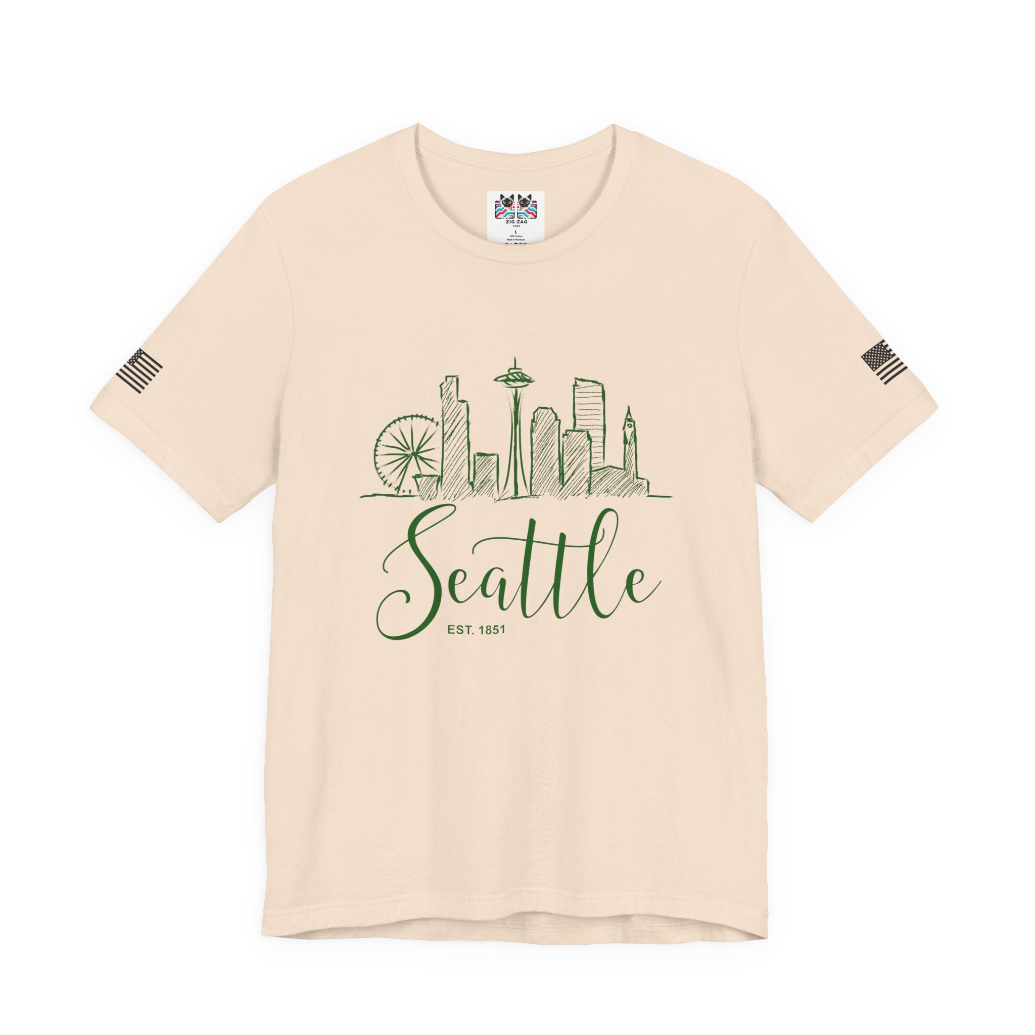 Seattle EST 1851 Hand-Drawn Sketch Skyline Script T-Shirt | Seattle Souvenir Tee | Space Needle Great Wheel Shirt