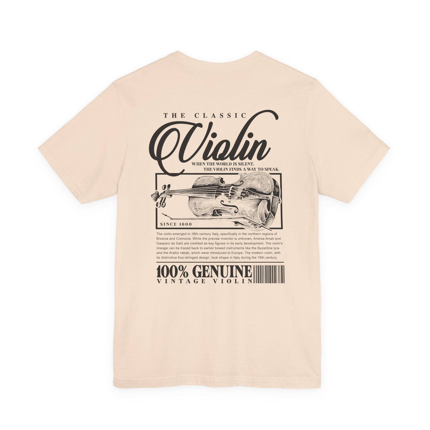 The Classic Violin T-Shirt – Vintage Instrument & 16th Century Story [Black Text]