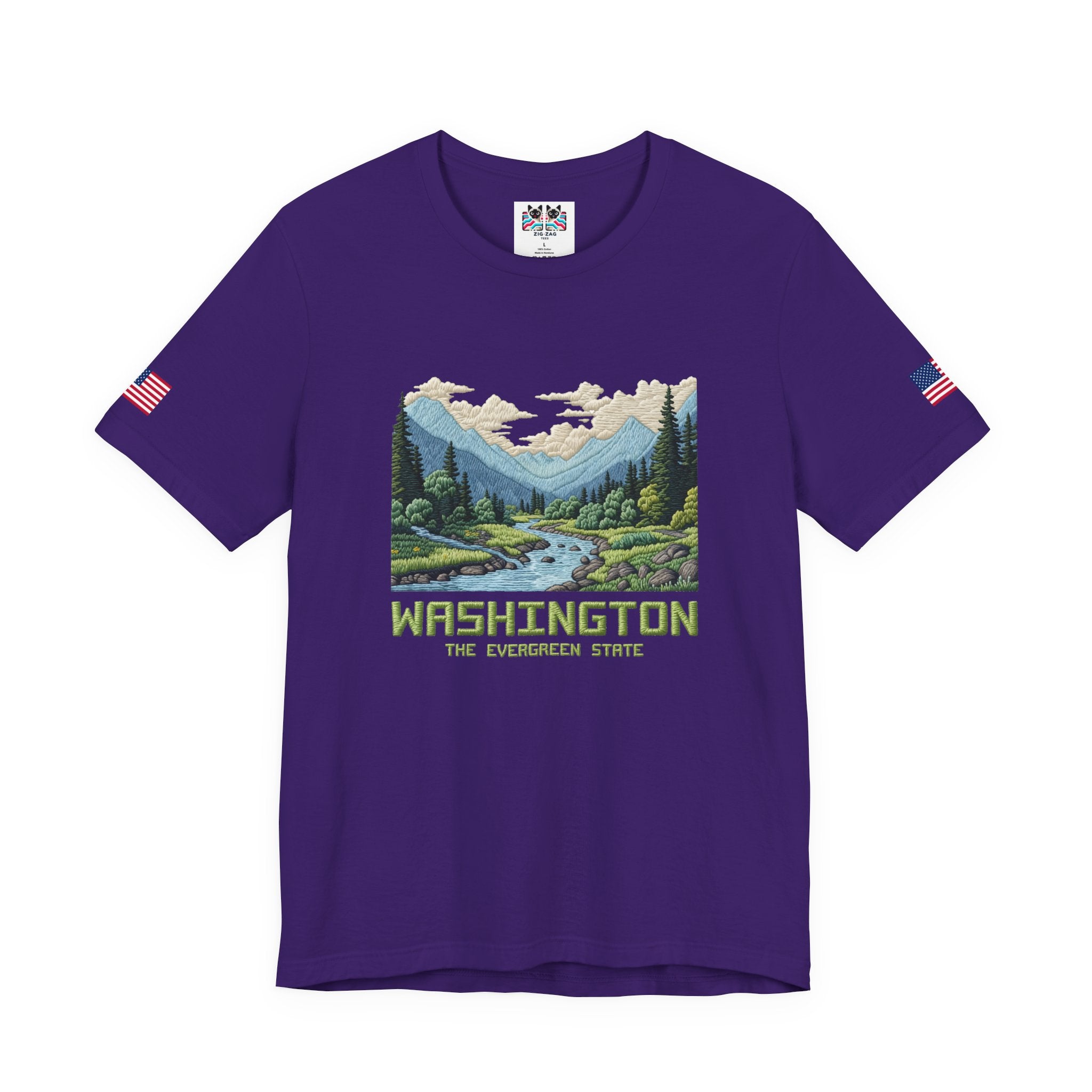 Washington The Evergreen State Embroidery-Style Mountain River Graphic T-Shirt | Pacific Northwest Nature Tee | WA Souvenir