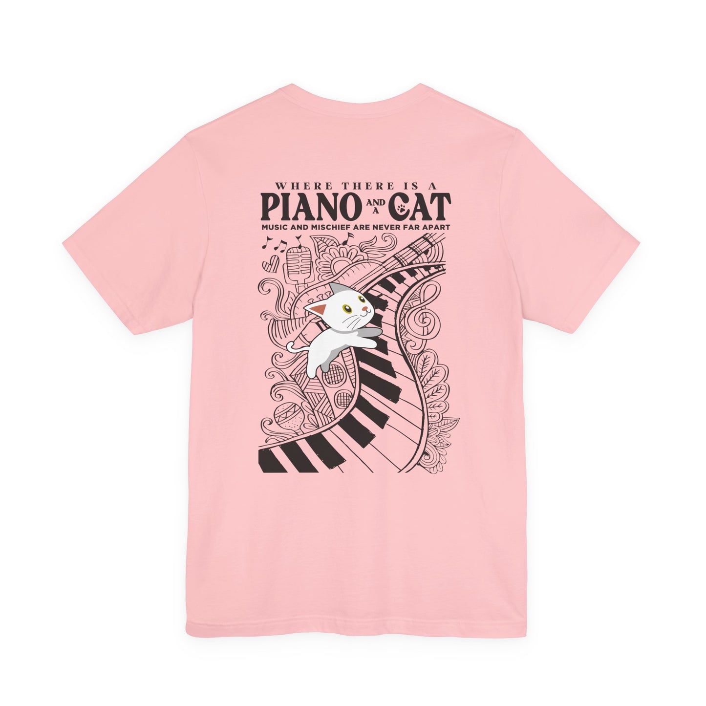 Music and Mischief T-Shirt – Piano and Playful Cat Graphic