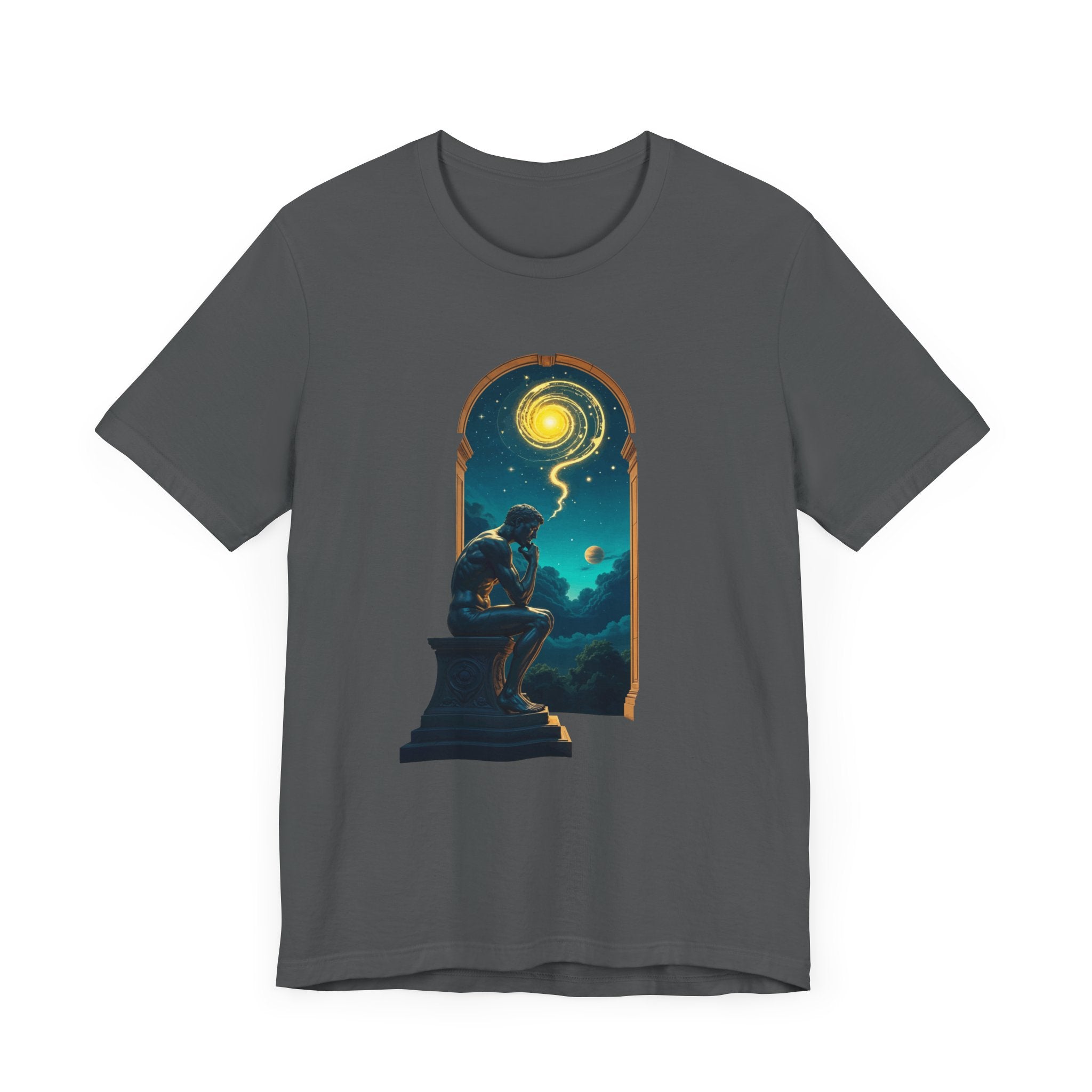 Muscular Statue Deep in Thought on Stage with Scenic Window View Graphic T-Shirt