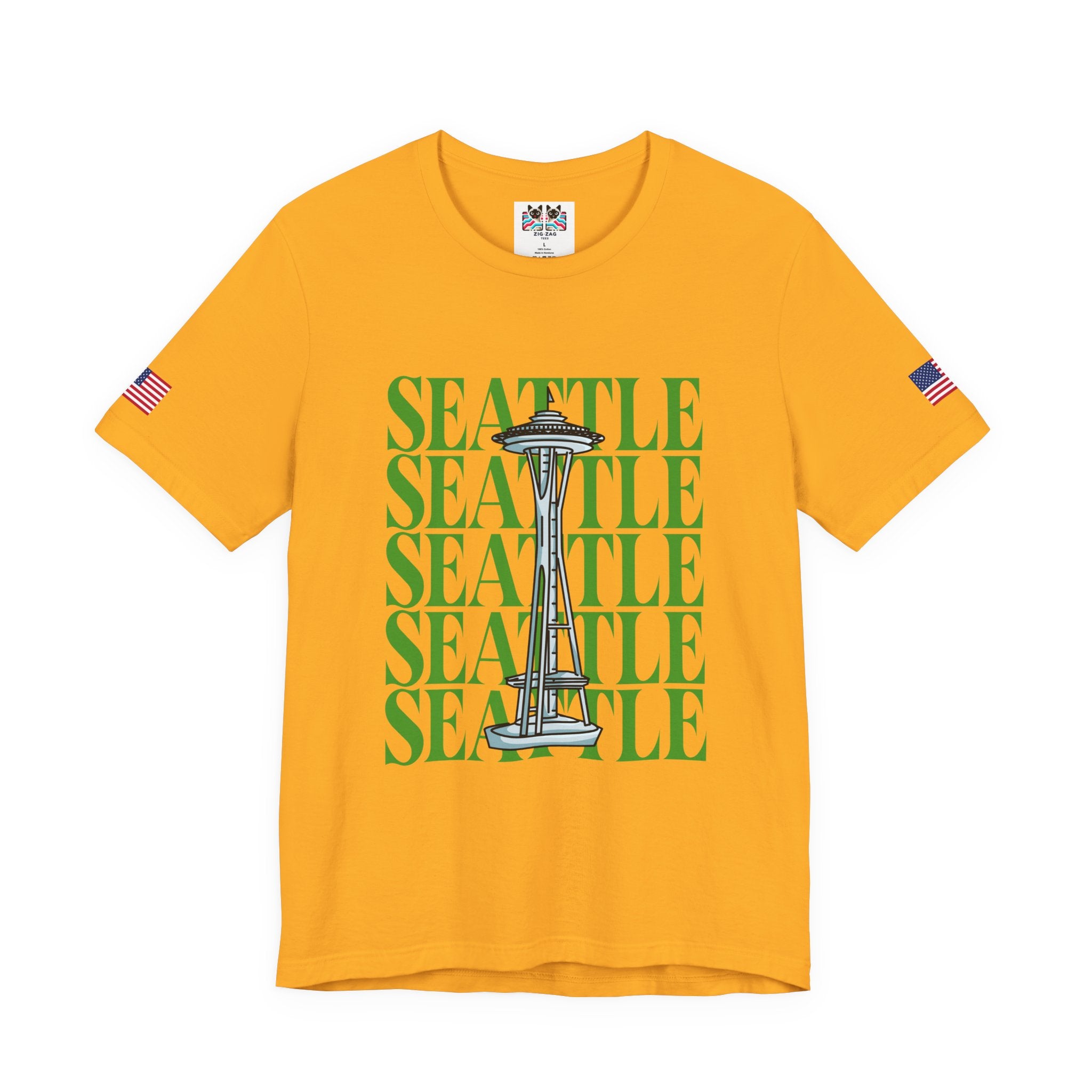 Seattle Repeated Text Space Needle Graphic T-Shirt | Seattle Washington Souvenir Tee | Space Needle Pride Shirt
