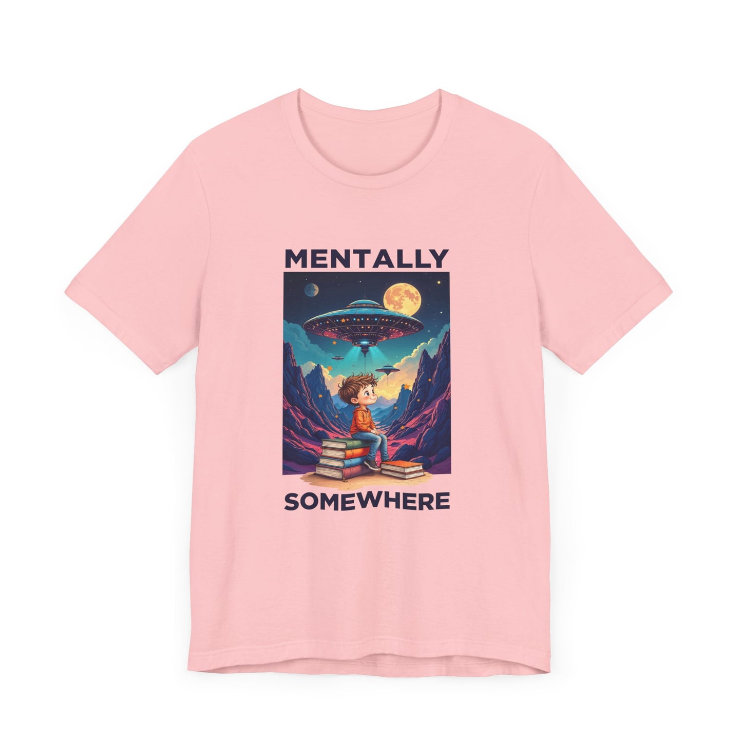 Mentally Somewhere Else – Boy on Books with Space Scene Graphic T-Shirt