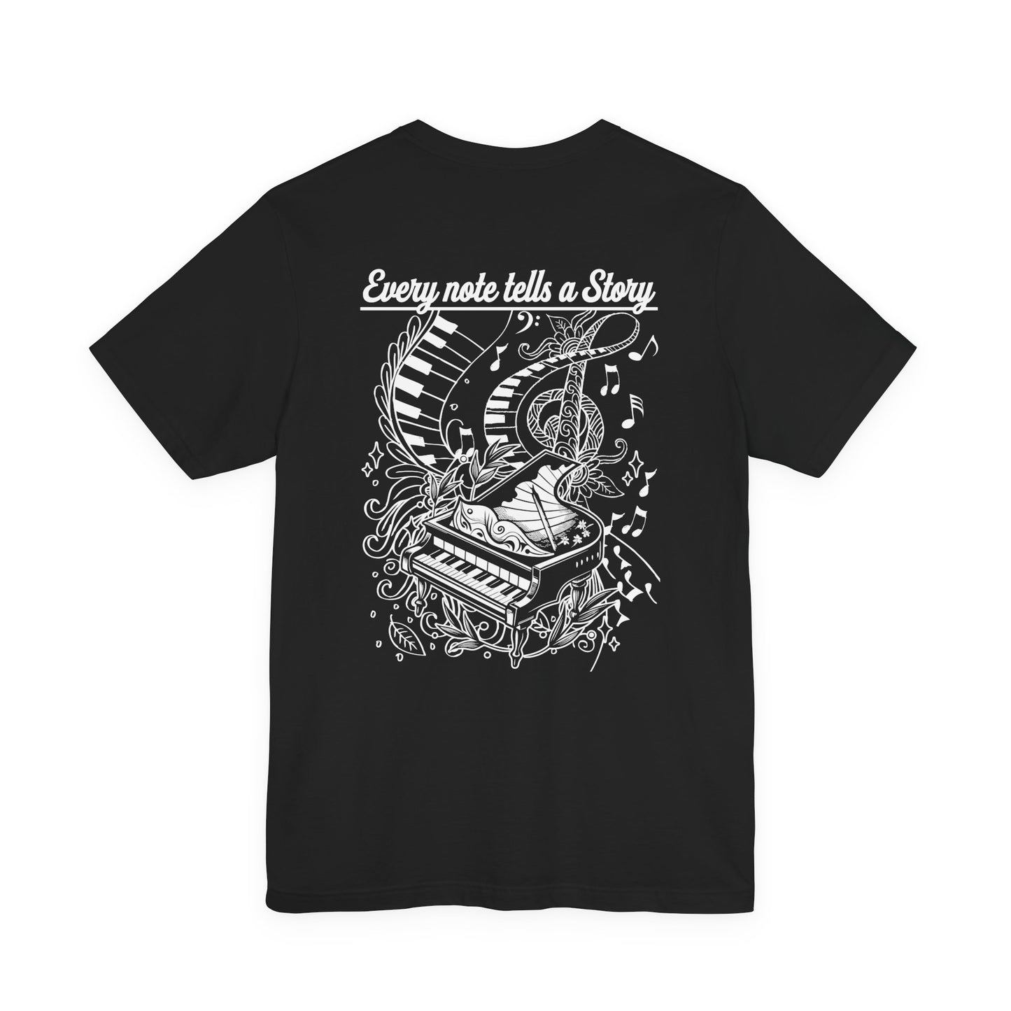 Grand Piano Story T-Shirt – Artistic Music Notes & Keys Graphic