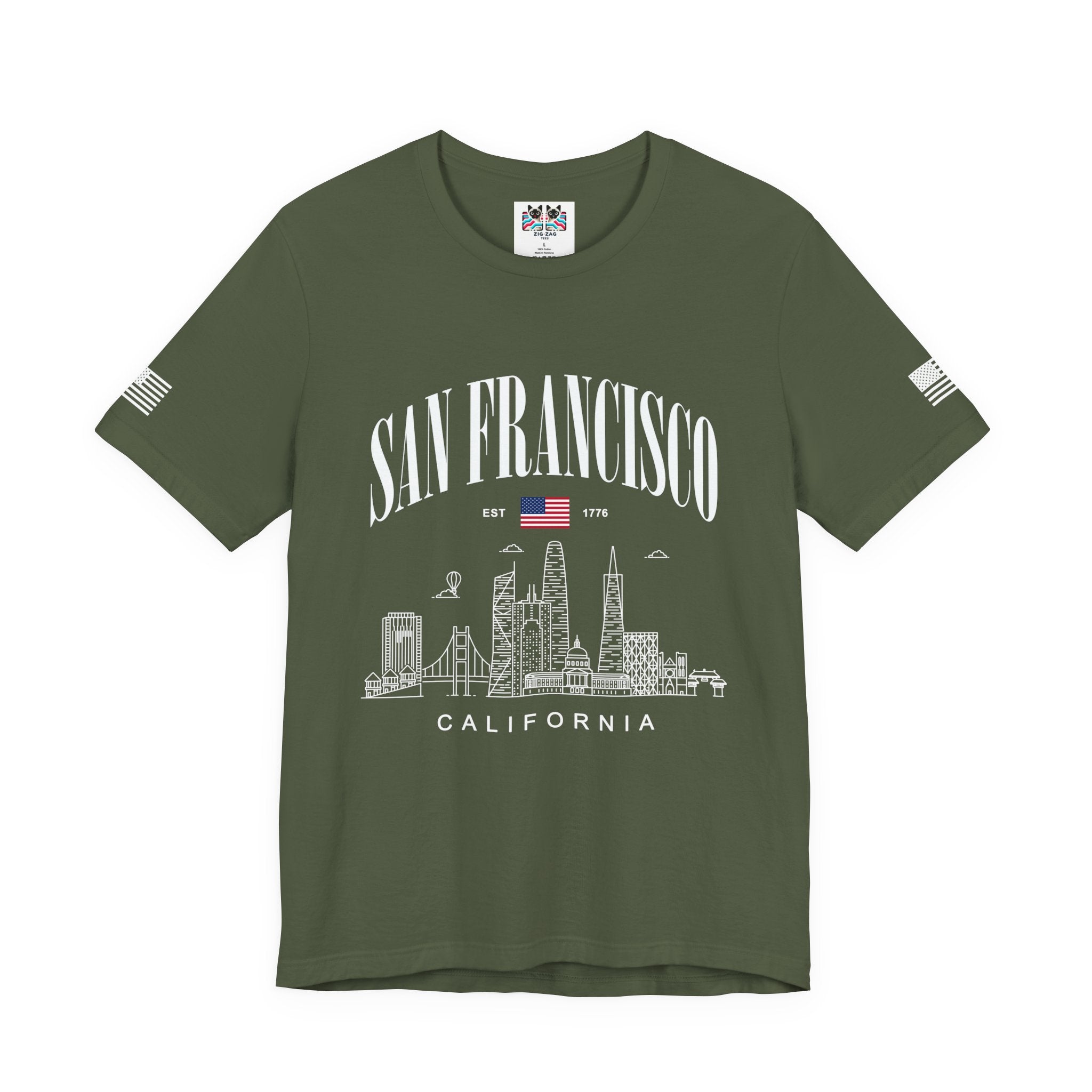 San Francisco California T-Shirt, EST 1776 Arch Skyline Tee, Bay Area Patriotic Shirt, SF Souvenir Gift, Unisex USA Flag Sleeve Shirt