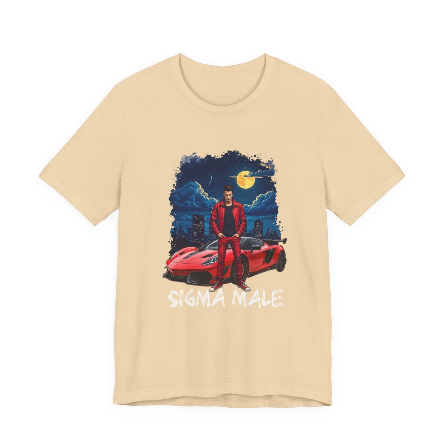 SIGMA MALE – Man in Red Jacket with Racing Car and Full Moon Graphic T-Shirt