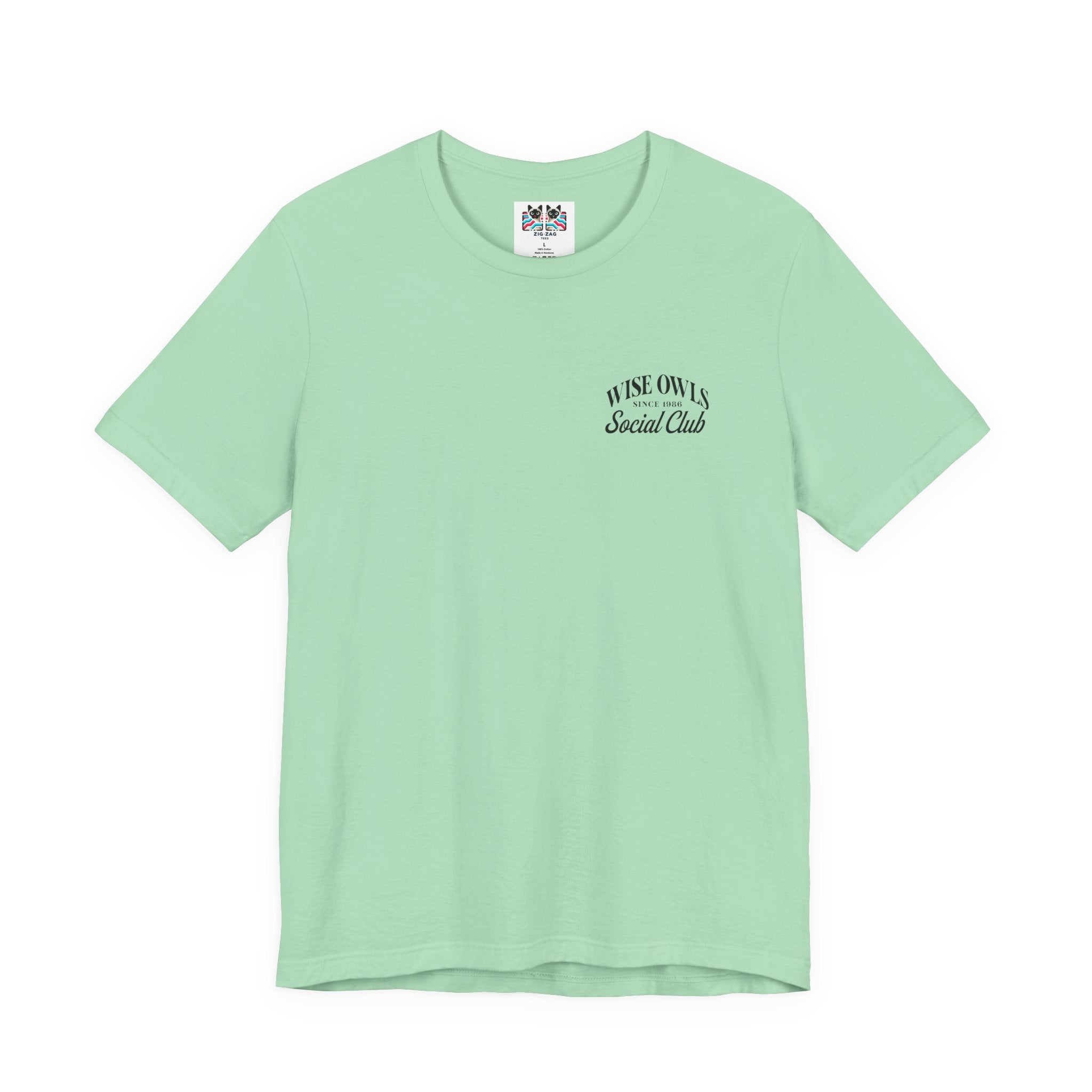 Wise Owl Social Club T-Shirt – Calm Owl on Branch with Empowering Text