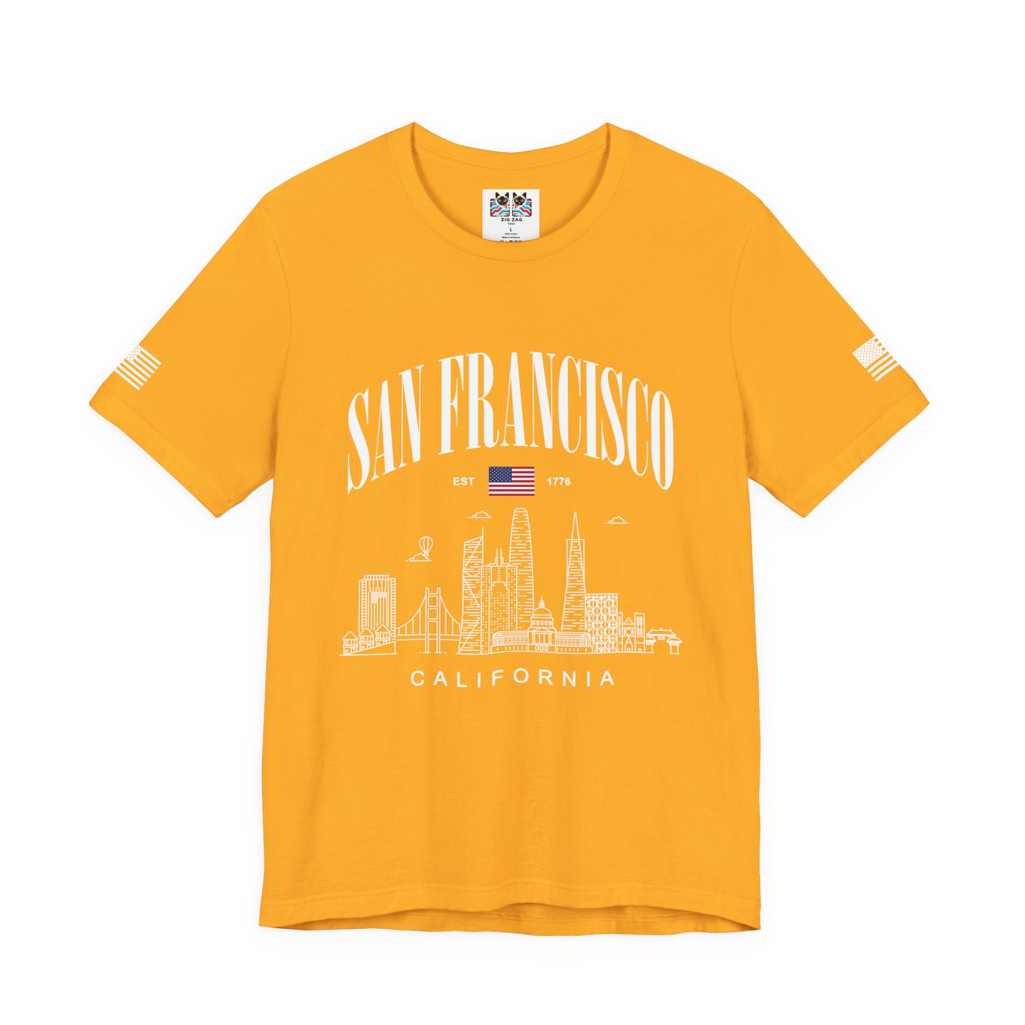 San Francisco California T-Shirt, EST 1776 Arch Skyline Tee, Bay Area Patriotic Shirt, SF Souvenir Gift, Unisex USA Flag Sleeve Shirt