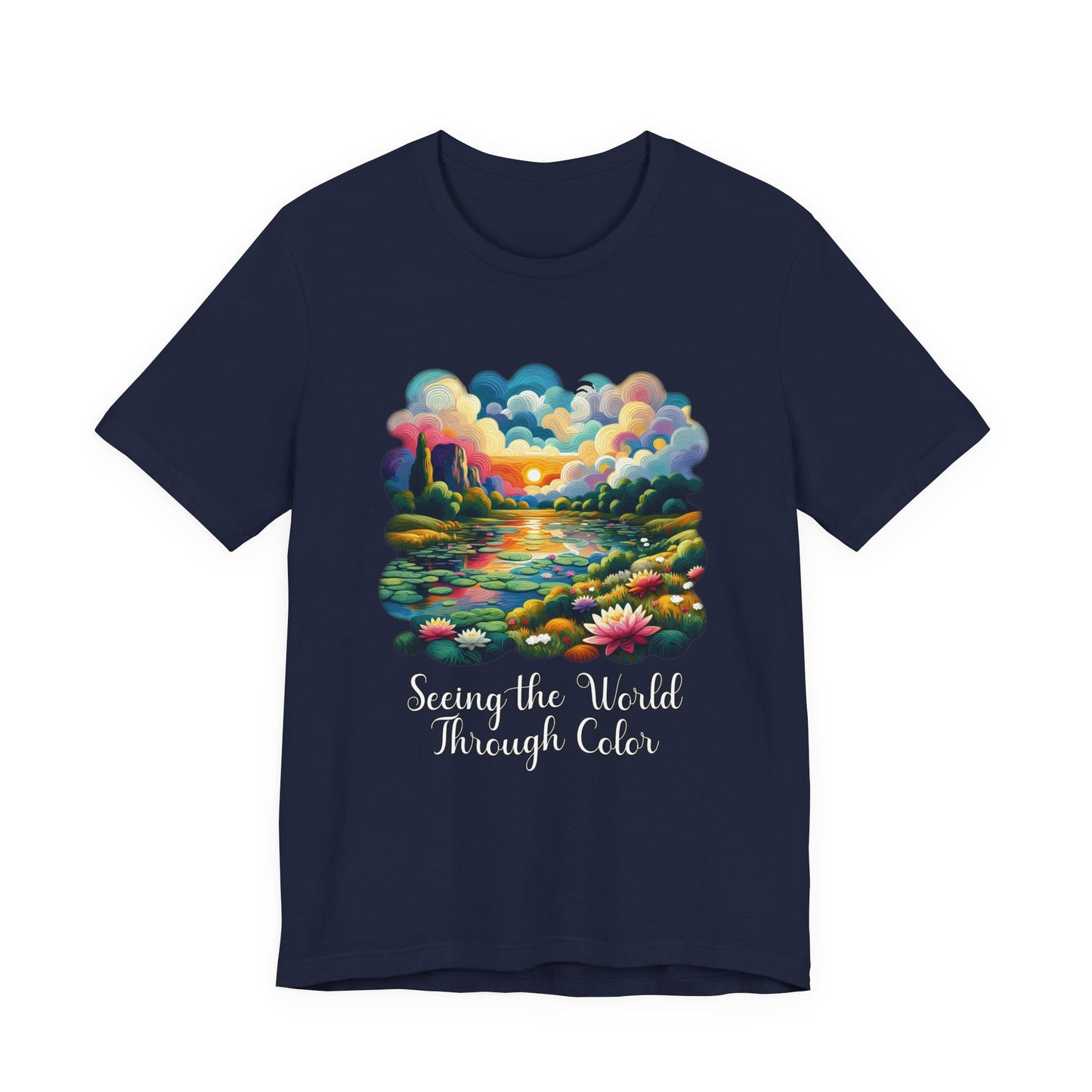 Impressionist Seeing the World Through Color Tshirt – Colorful Lotus Pond with Sunset Graphic