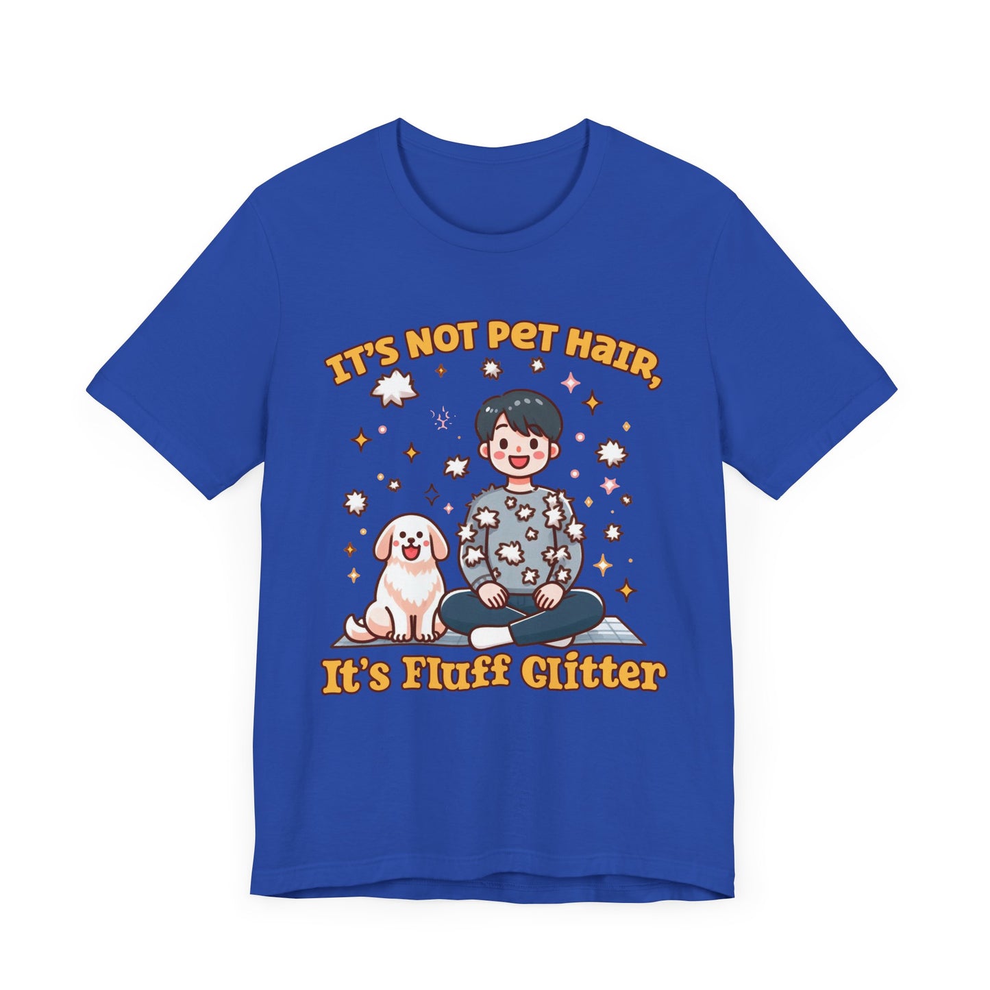 It's Not Pet Hair, It's Fluff Glitter | Smiling Puppy and Boy with Flying Hair & Glitter T-Shirt