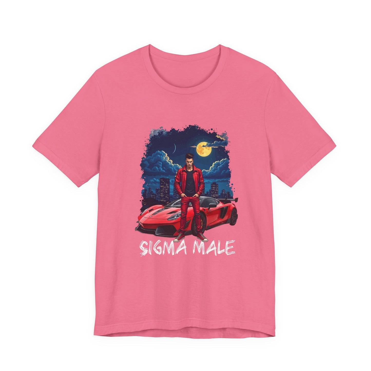 SIGMA MALE – Man in Red Jacket with Racing Car and Full Moon Graphic T-Shirt