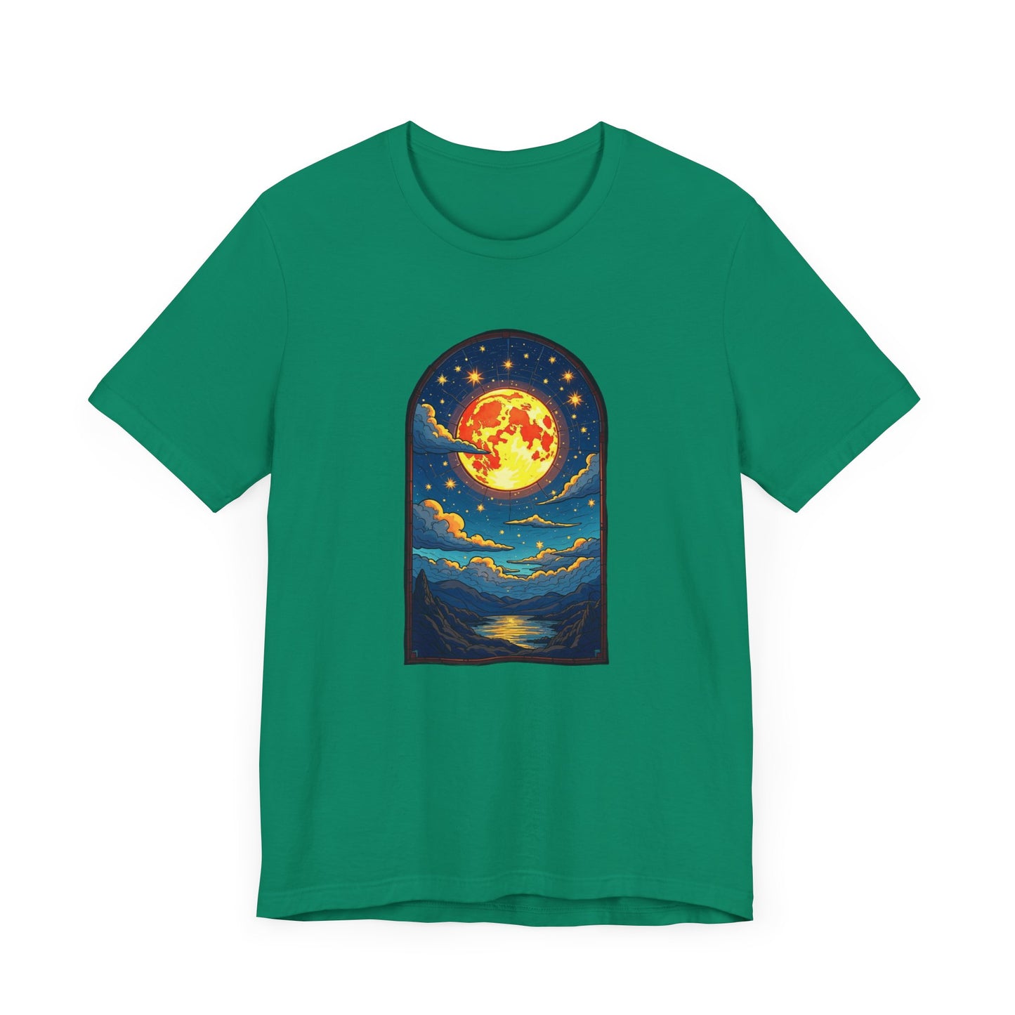Castle Window View of Glowing Full Moon with Reflection and Stars Graphic T-Shirt