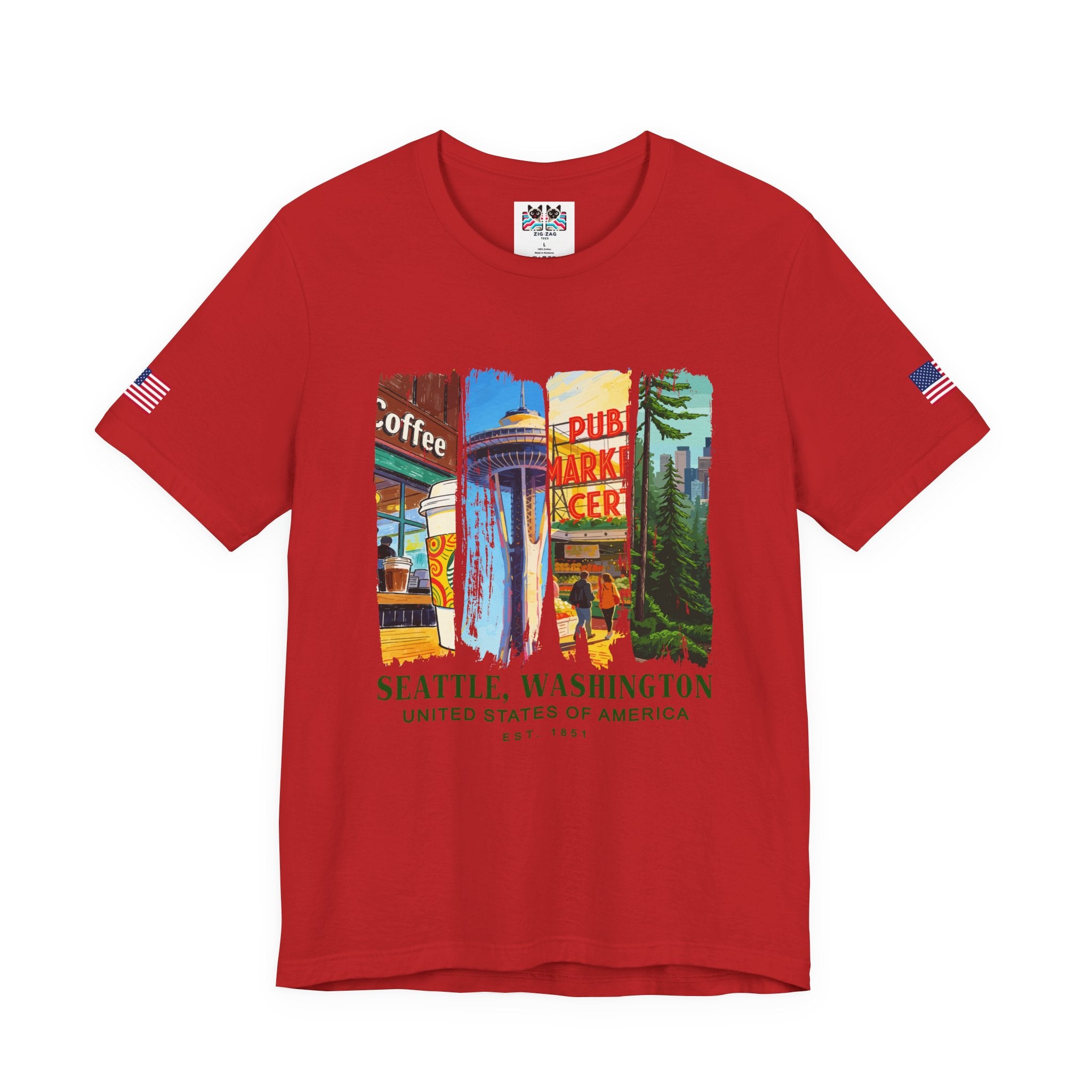 Seattle Washington Icons Collage T-Shirt | Coffee Space Needle Pike Place Market Graphic Tee | Seattle Souvenir