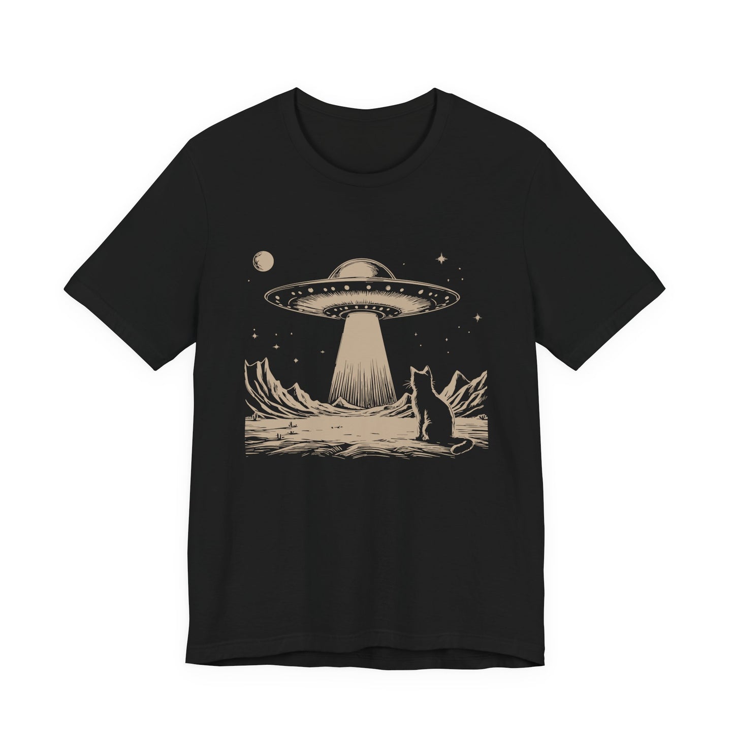 Cat Watching UFO T-Shirt – Mysterious Space Scene Graphic Tee