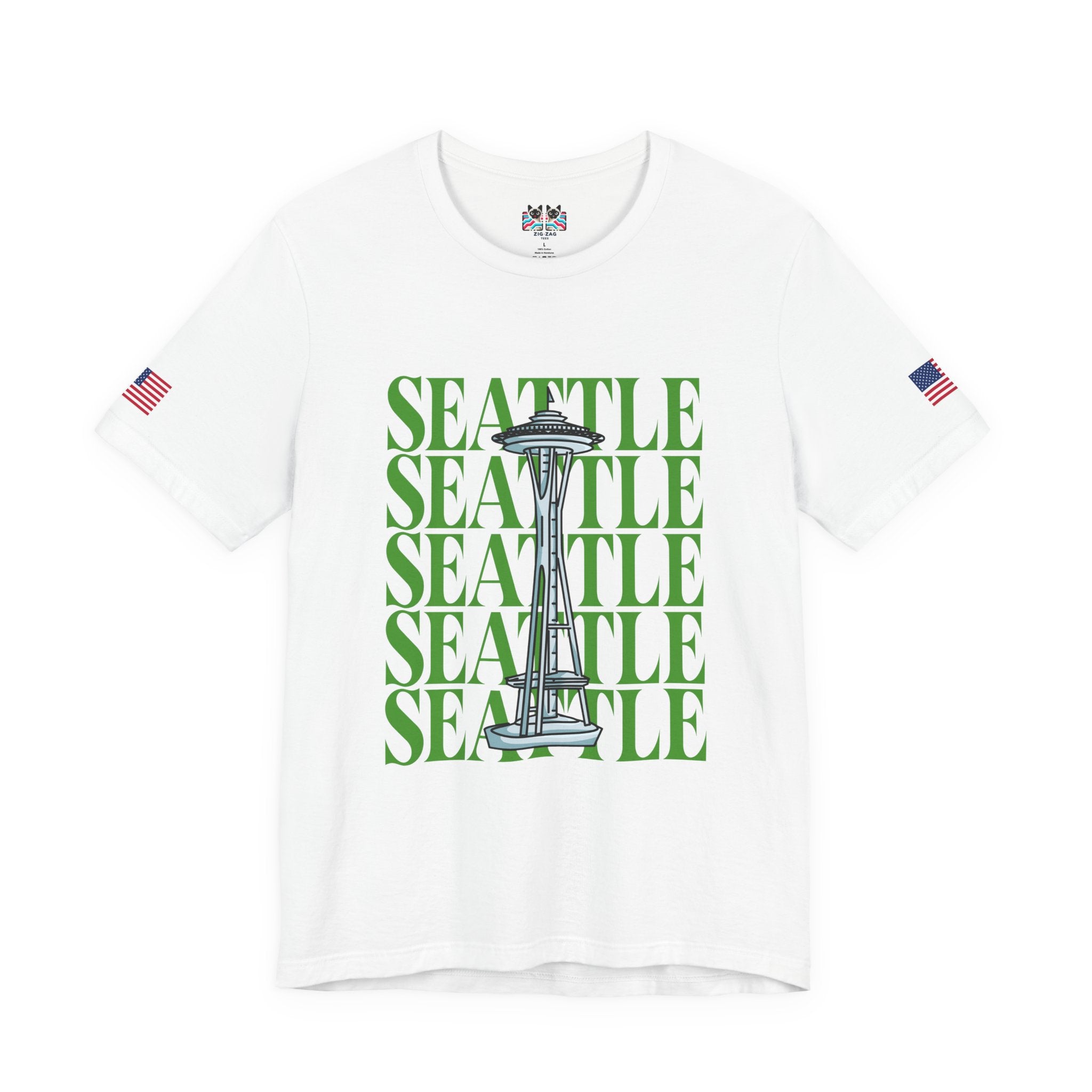 Seattle Repeated Text Space Needle Graphic T-Shirt | Seattle Washington Souvenir Tee | Space Needle Pride Shirt