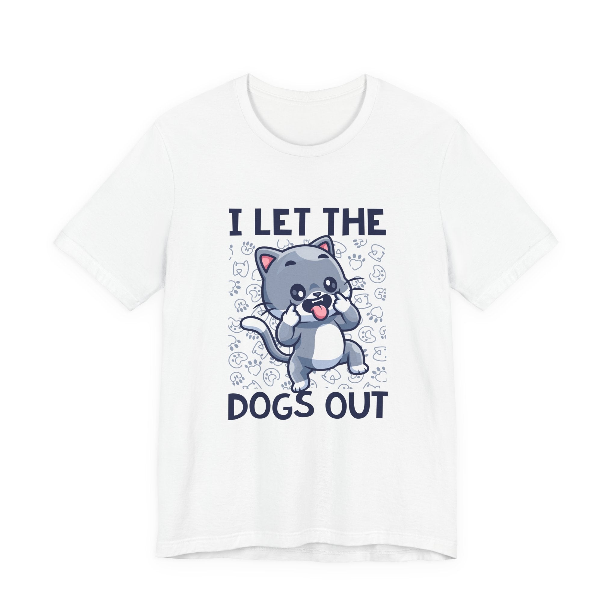 I Let the Dogs Out T-Shirt – Teasing Cat with Paw Prints Graphic Tee