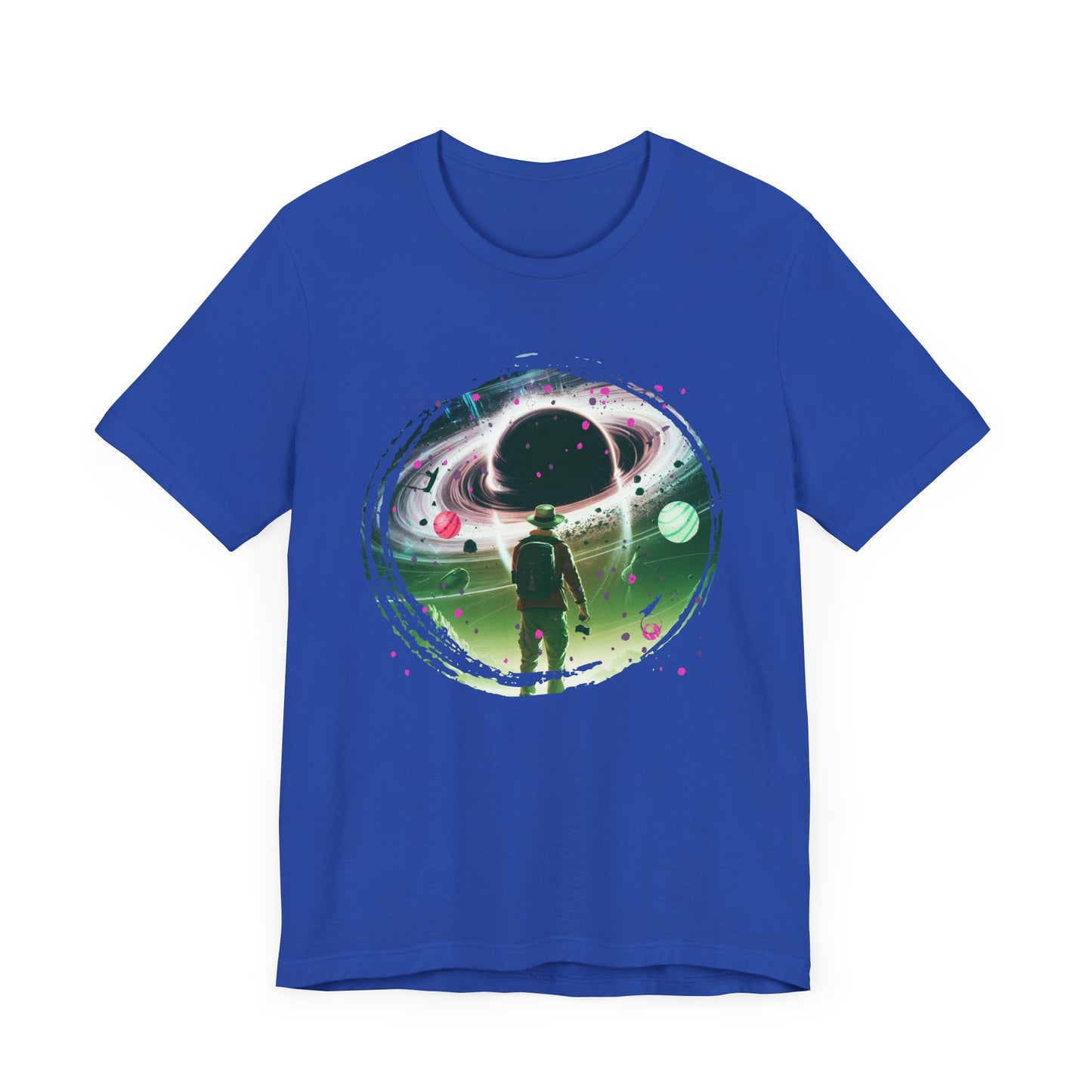 Shocked Traveler & Dramatic Planets | Backpacker Gazing at Planets Graphic T-Shirt