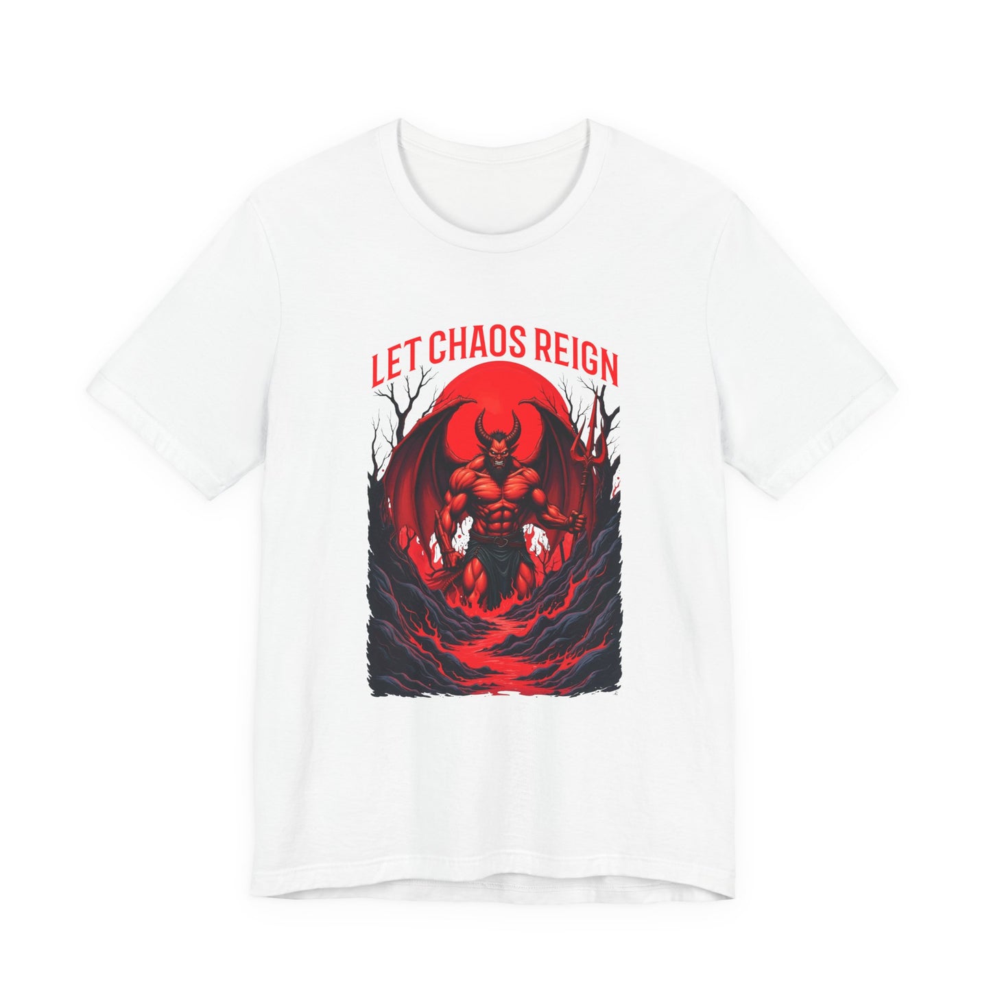 Let Chaos Reign – Fierce Beast with Wings on Fiery under Red Moon Graphic T-Shirt