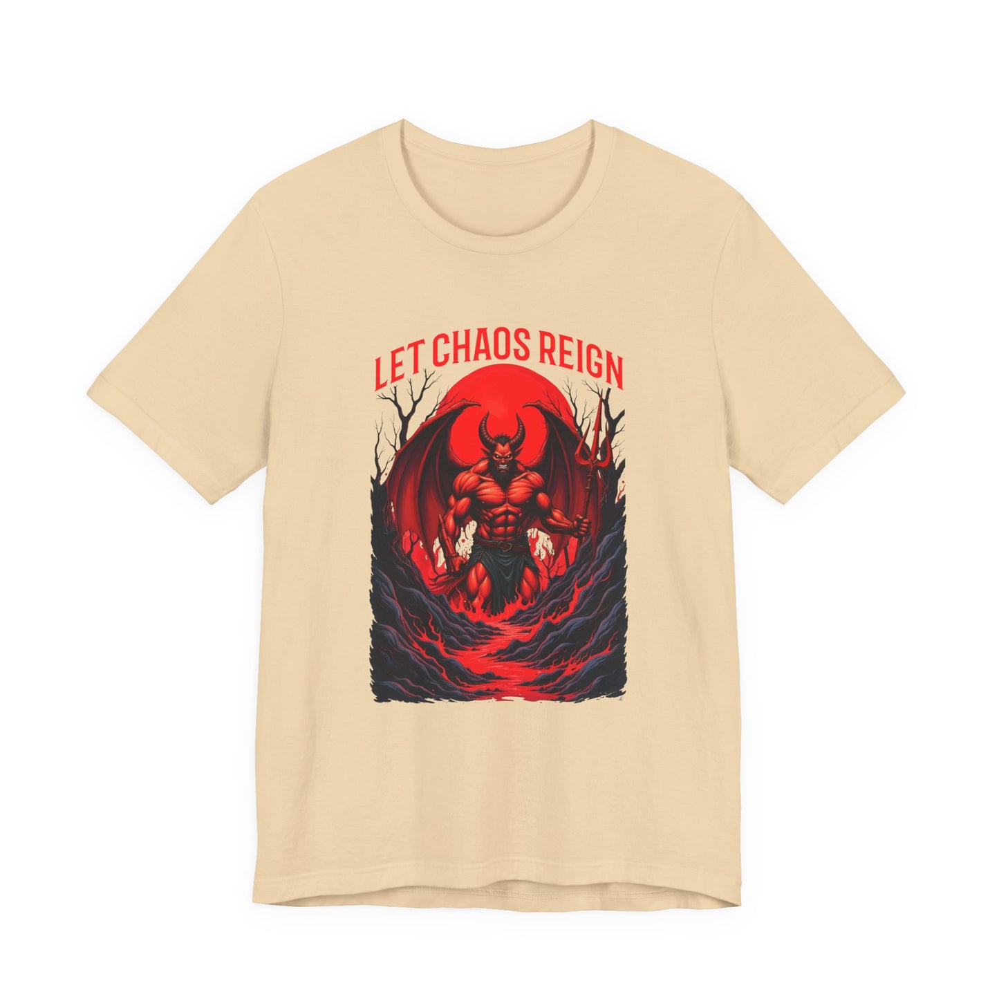 Let Chaos Reign – Fierce Beast with Wings on Fiery under Red Moon Graphic T-Shirt