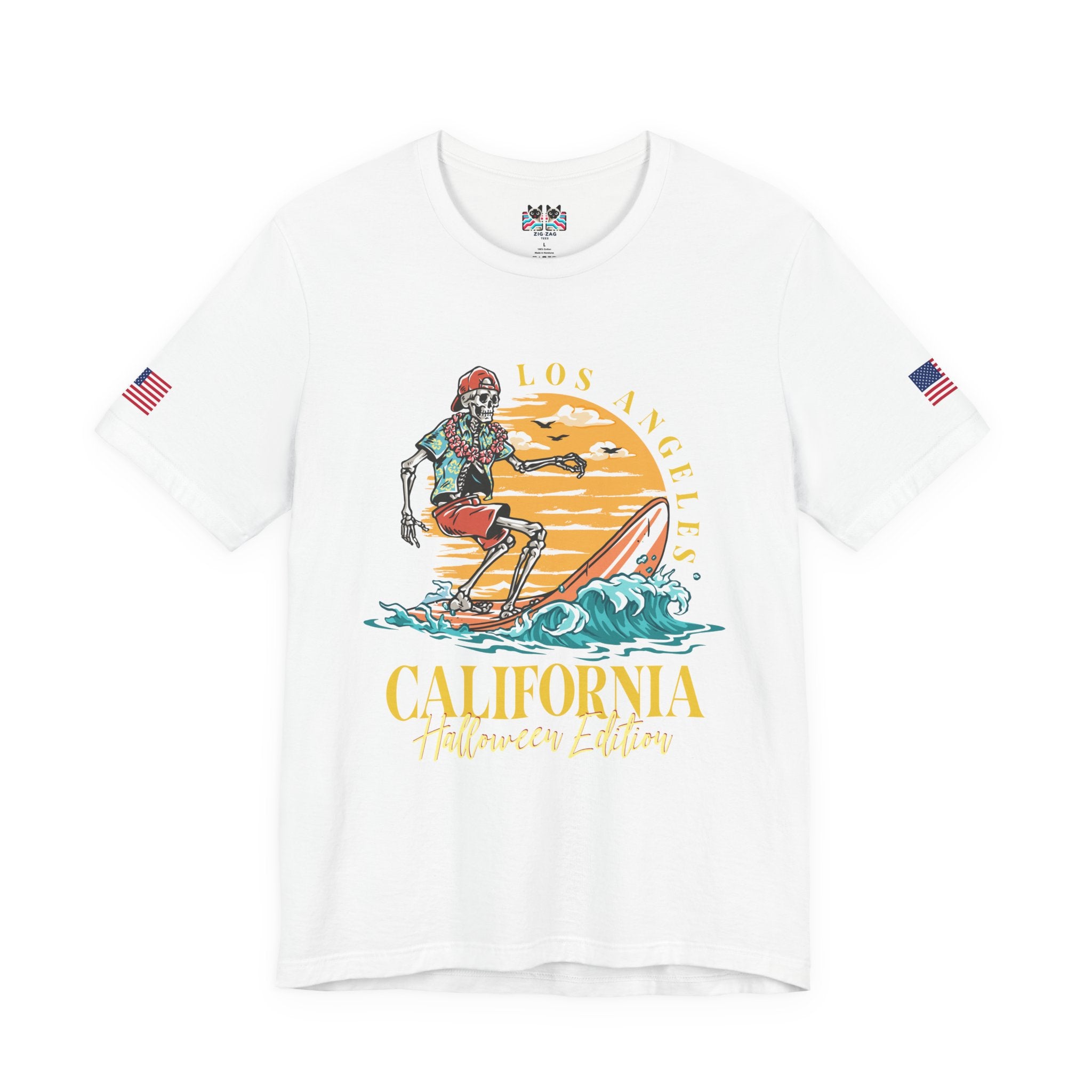 Los Angeles California Halloween Edition T-Shirt – Skeleton Surfer Beach EST 1850 Tee