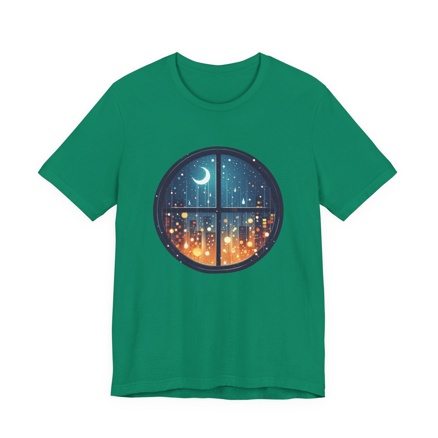 Dreaming Under Drizzles – Crescent Moon & Rainy Night in a City Window Graphic T-Shirt