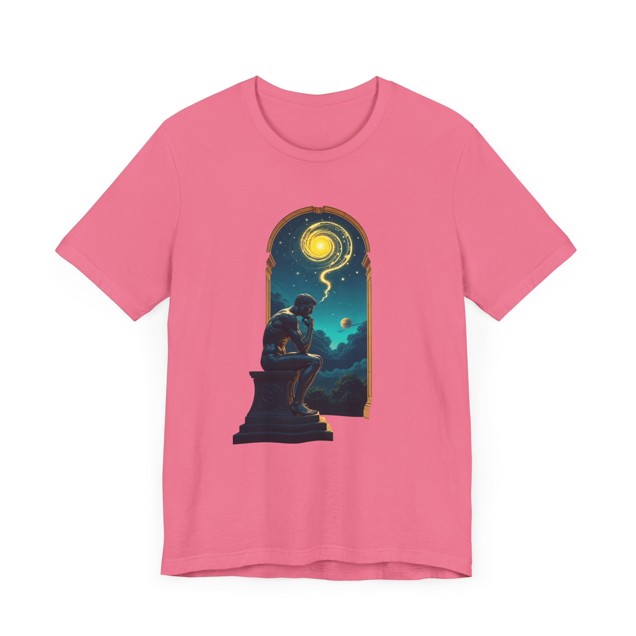 Muscular Statue Deep in Thought on Stage with Scenic Window View Graphic T-Shirt
