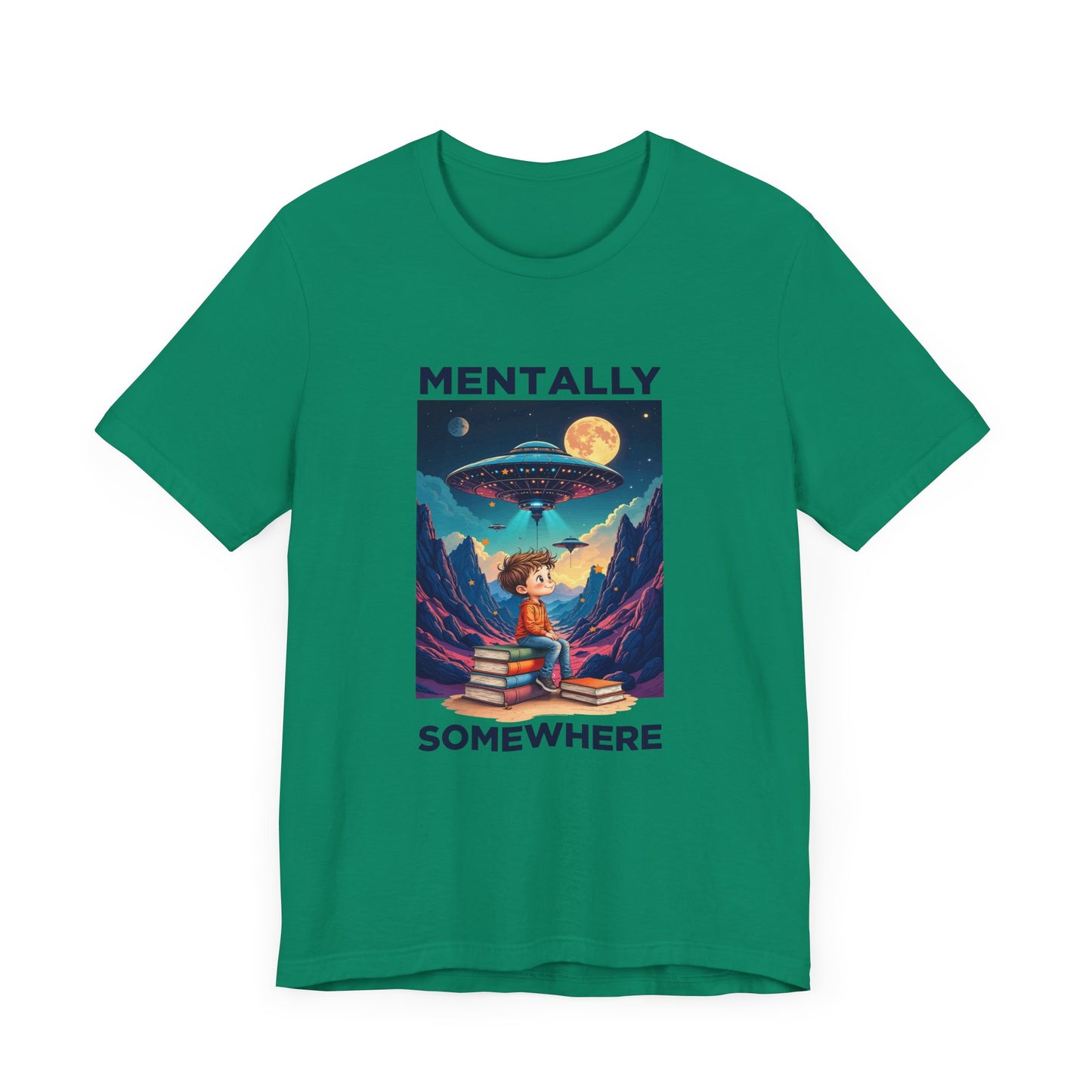 Mentally Somewhere Else – Boy on Books with Space Scene Graphic T-Shirt