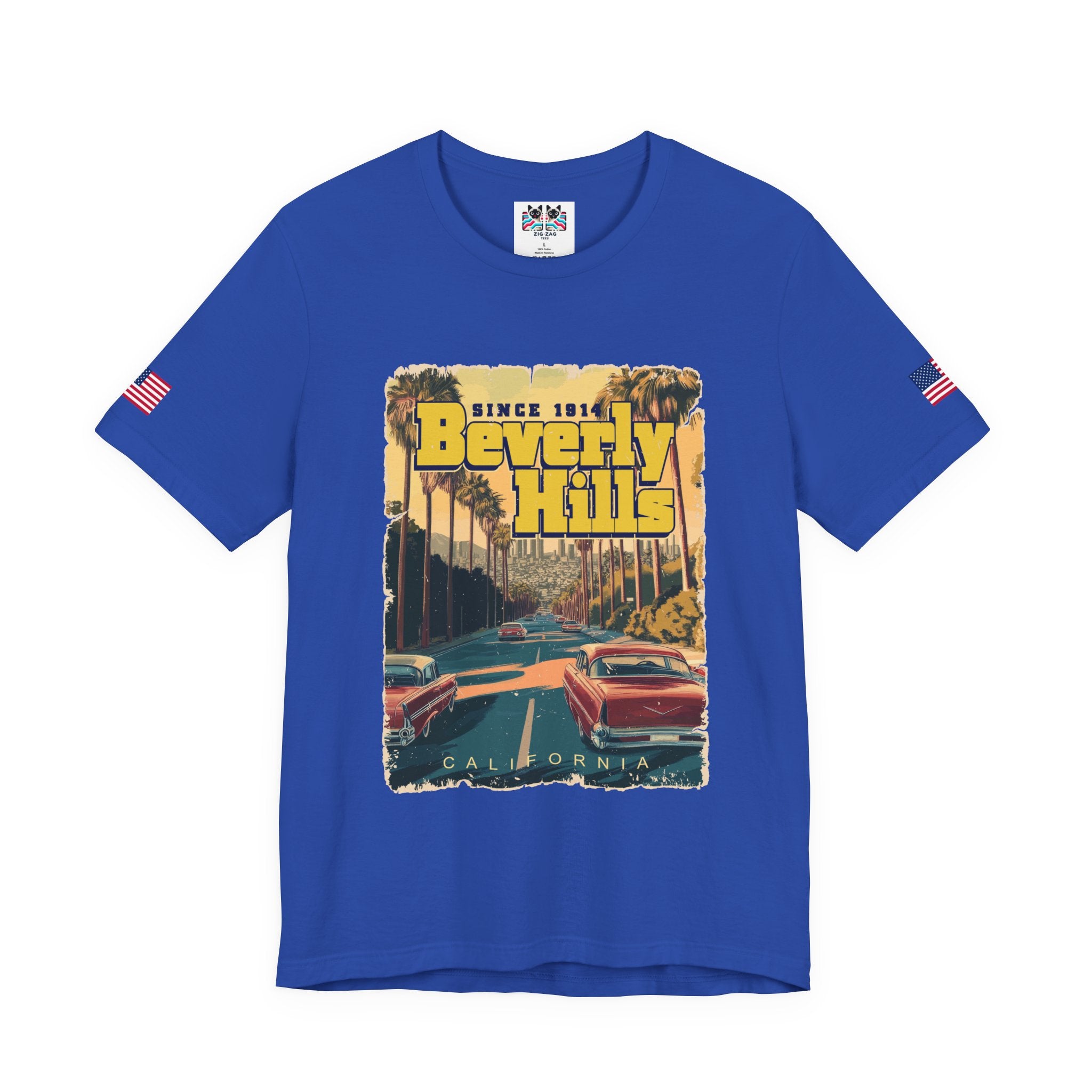 Beverly Hills Since 1914 California T-Shirt – Classic Cars Palm Boulevard Retro Graphic Tee