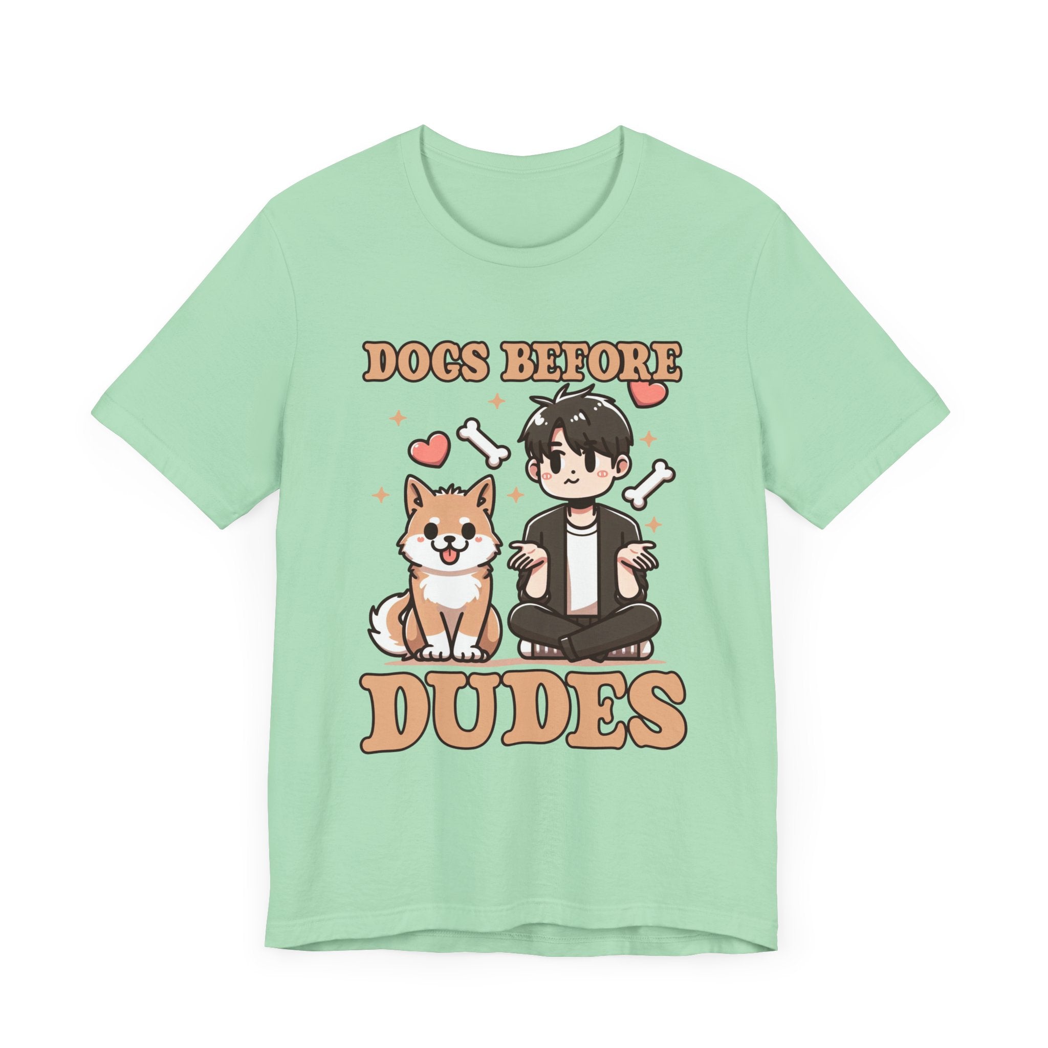 Dogs Before Dudes | Smiling Puppy & Surprised Boy with Hearts, Bones, and Stars T-Shirt