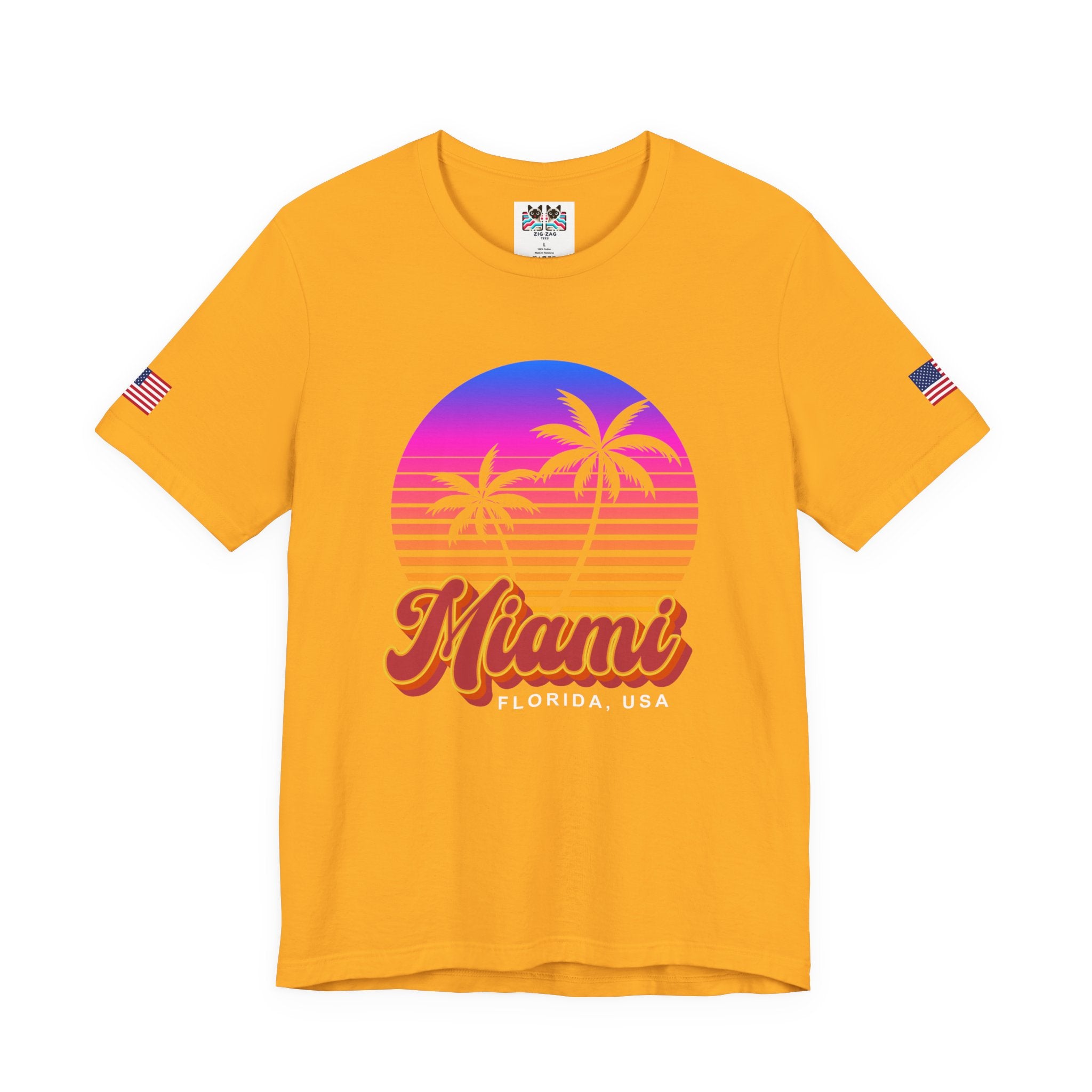 Miami Florida USA T-Shirt – Retro Neon Sunset Palm Tree Circle Graphic Tee