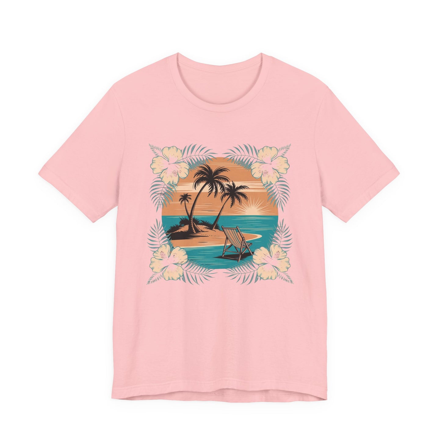 Tropical Escape – Beach Island Sunset with Floral Border Graphic T-Shirt