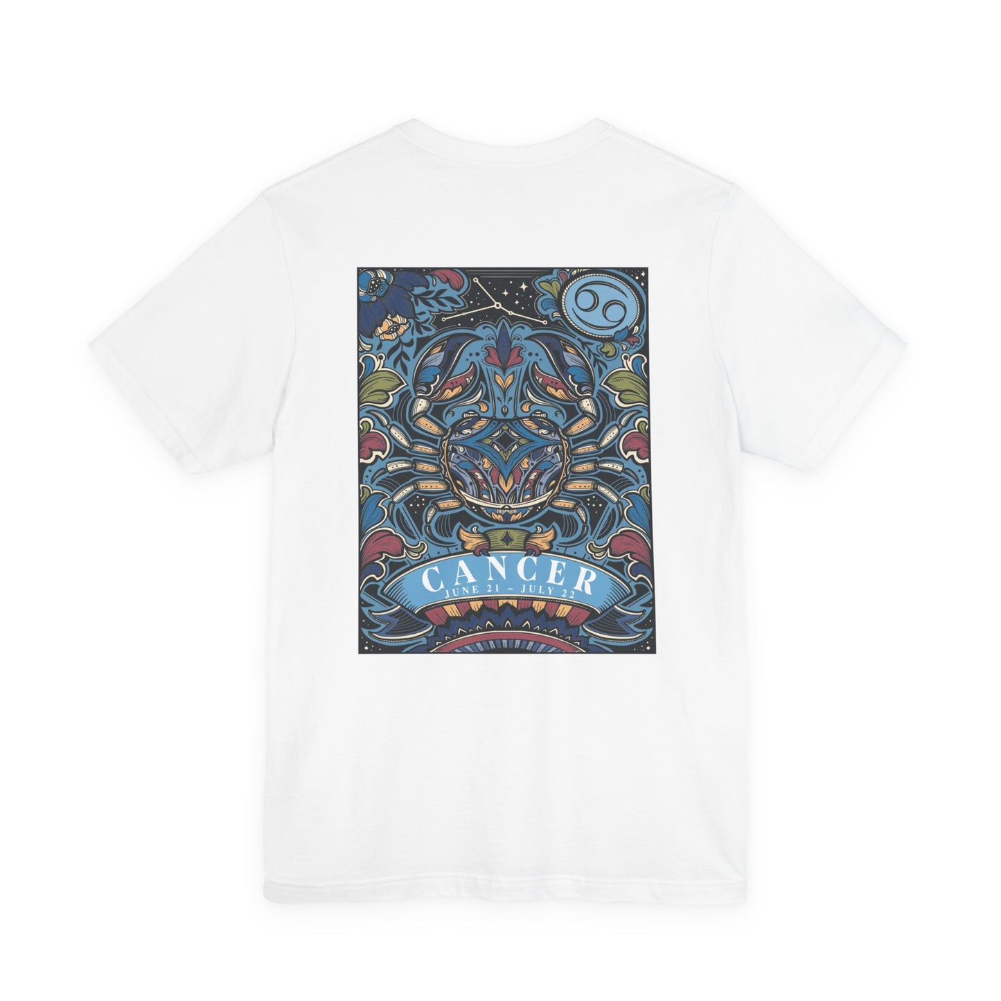 Colorful Cancer Zodiac T-Shirt – Crab with Constellation, Leaves & Flowers
