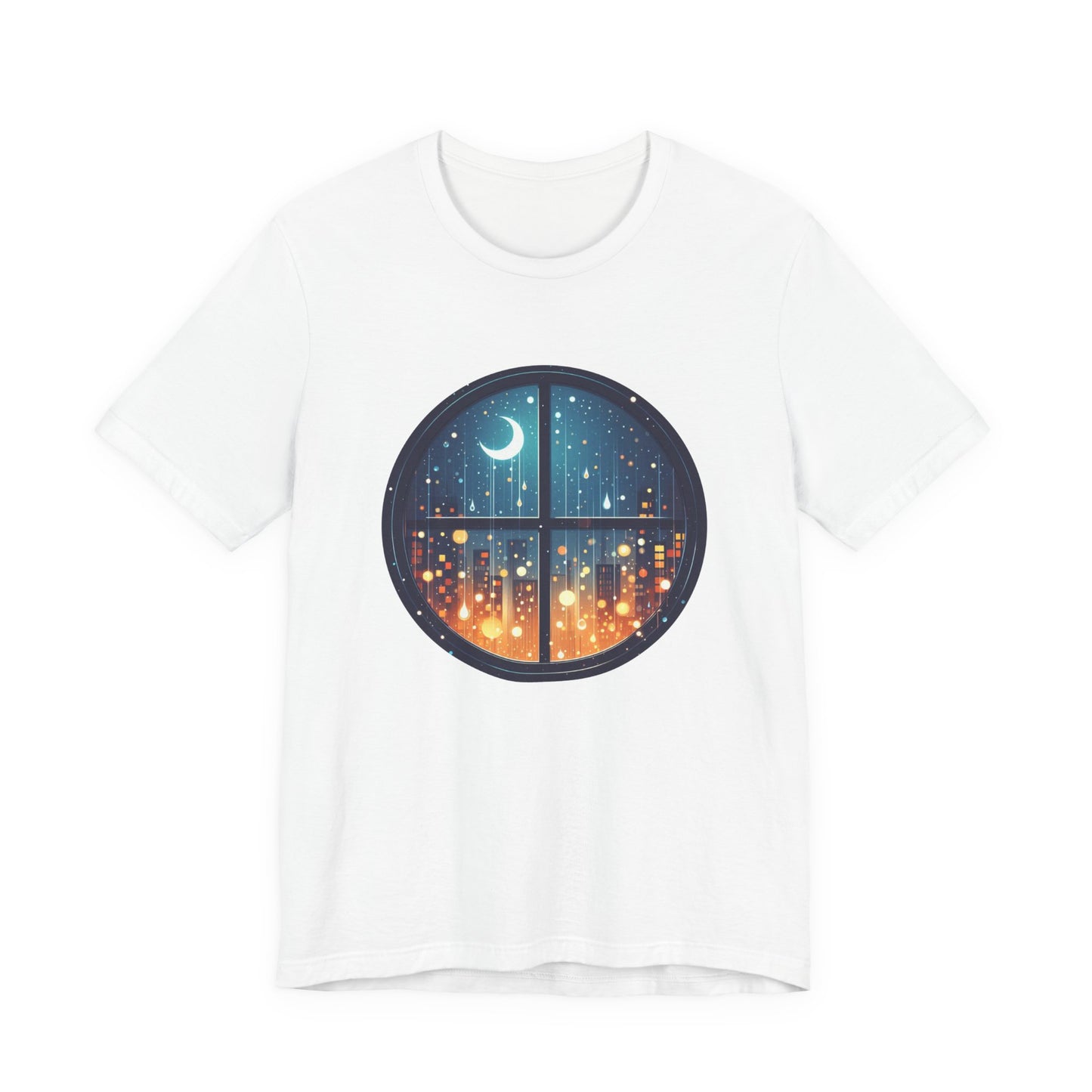Dreaming Under Drizzles – Crescent Moon & Rainy Night in a City Window Graphic T-Shirt