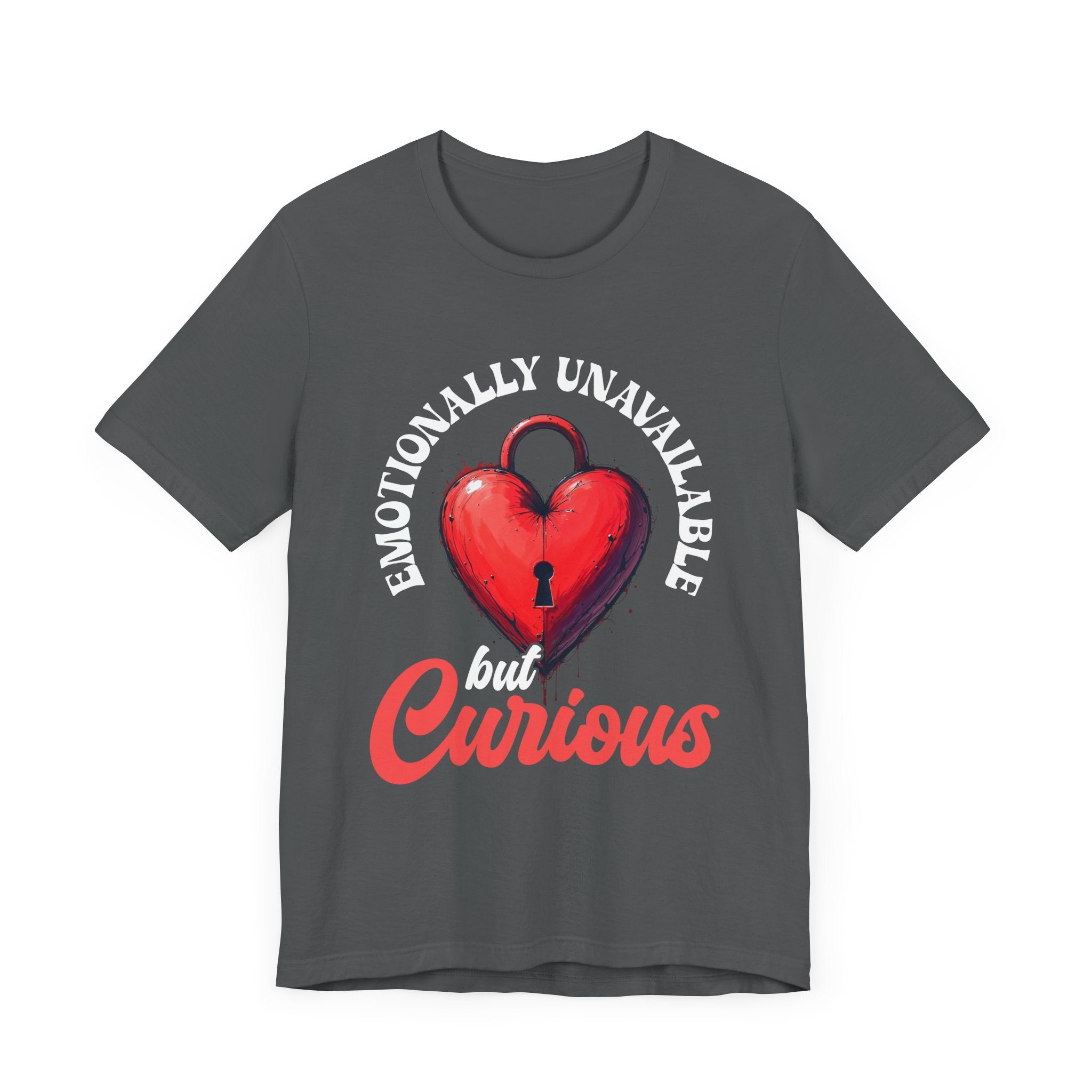 Emotionally Unavailable But Curious – Red Heart Lock Graphic T-Shirt