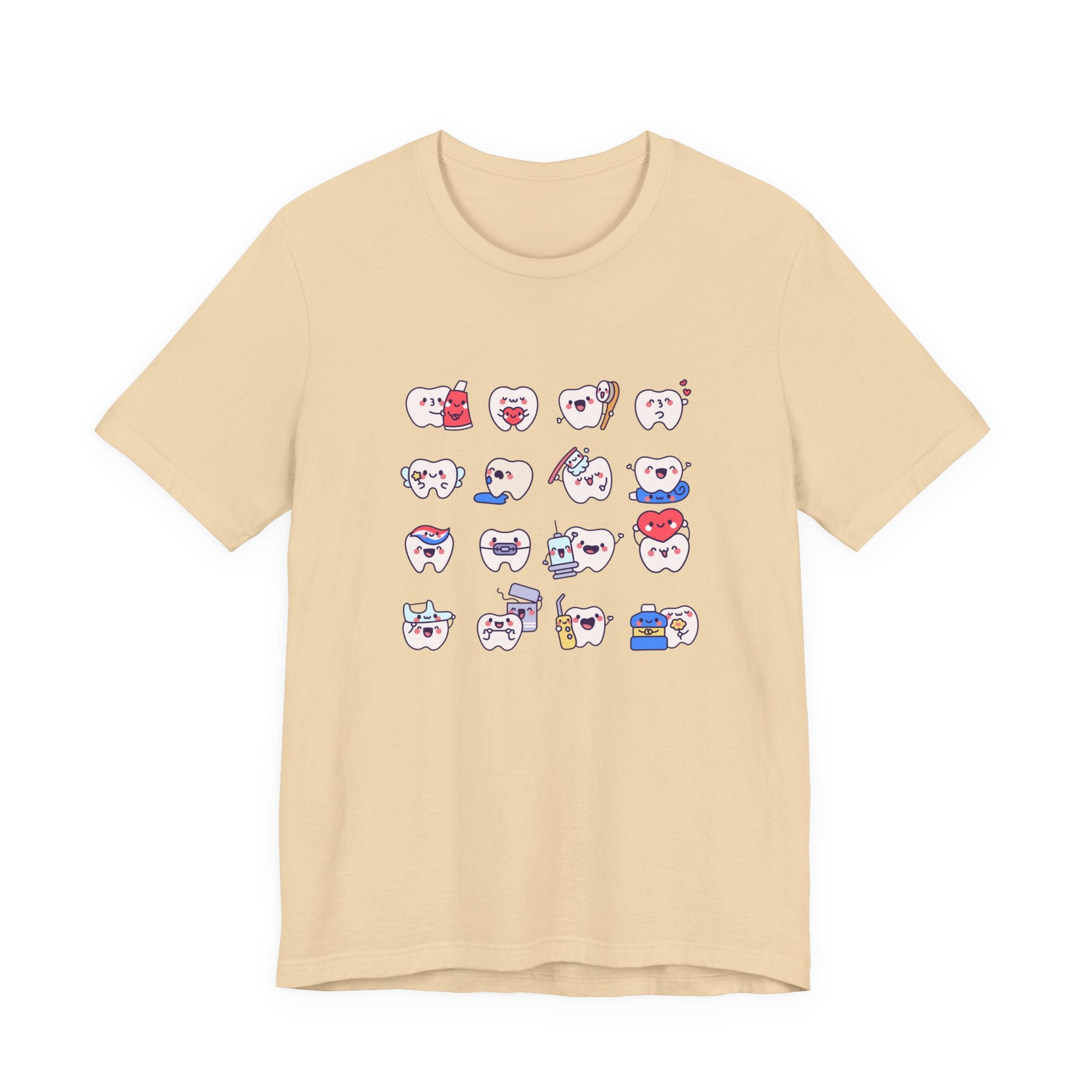 Happy Smiling Teeth T Shirt Sixteen Tooth Characters with Dental Care Items