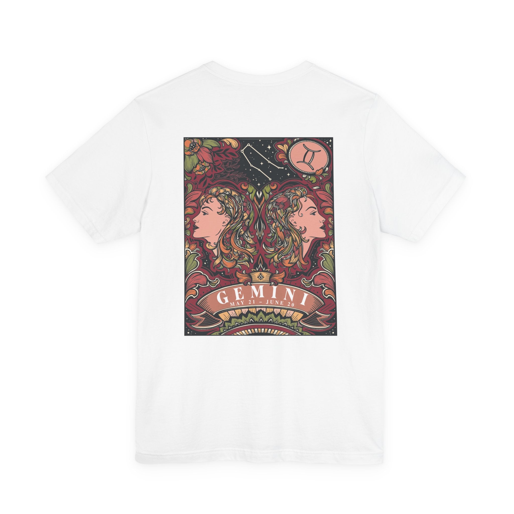 Gemini Zodiac T-Shirt – Ornate Twins with Constellation and Floral Design