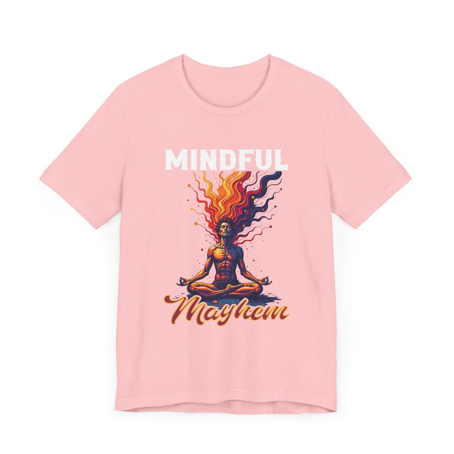 Mindful Mayhem – Meditating Man with Rising Flames Graphic T-Shirt