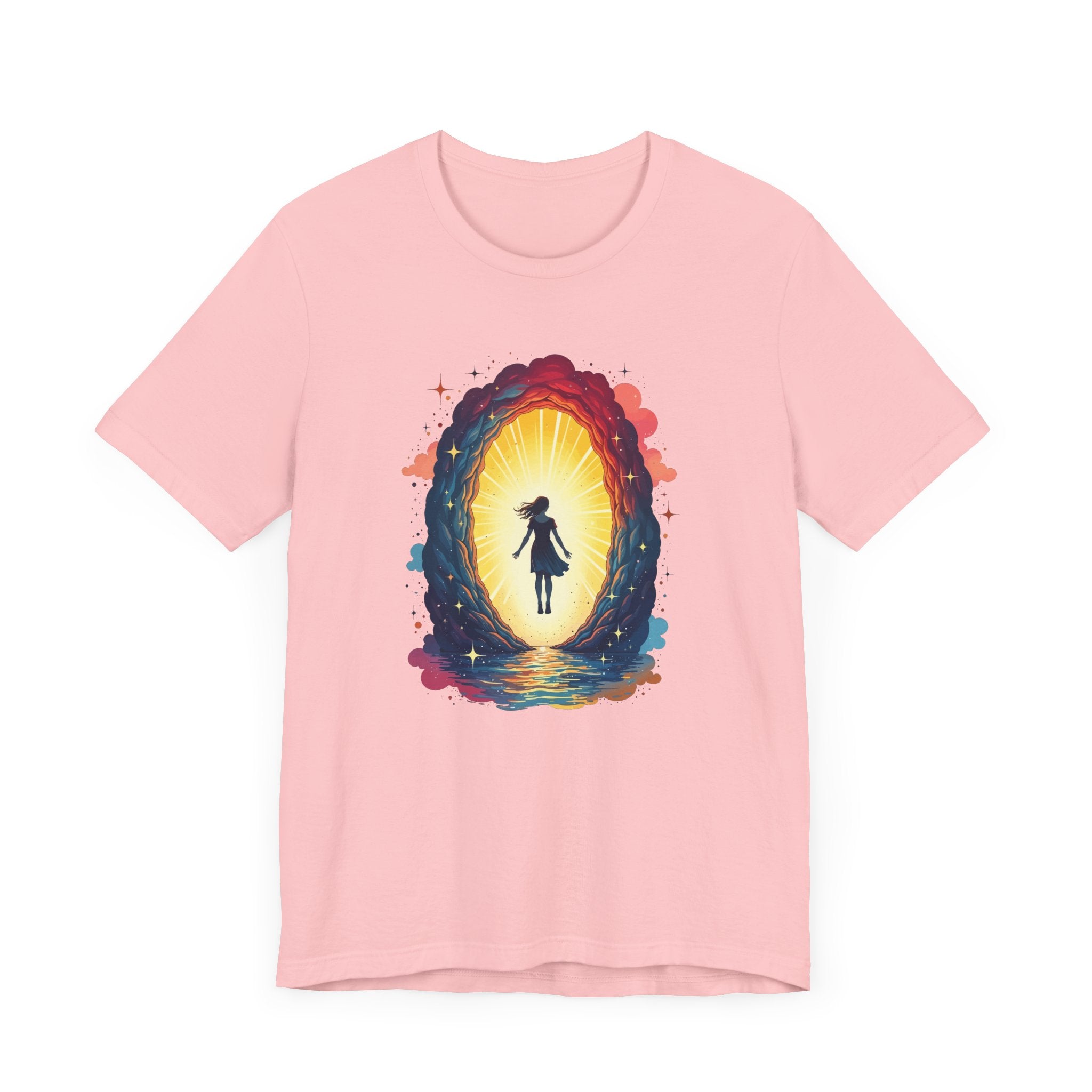 Interdimensional Chill – Floating Woman in Cosmic Portal Graphic T-Shirt