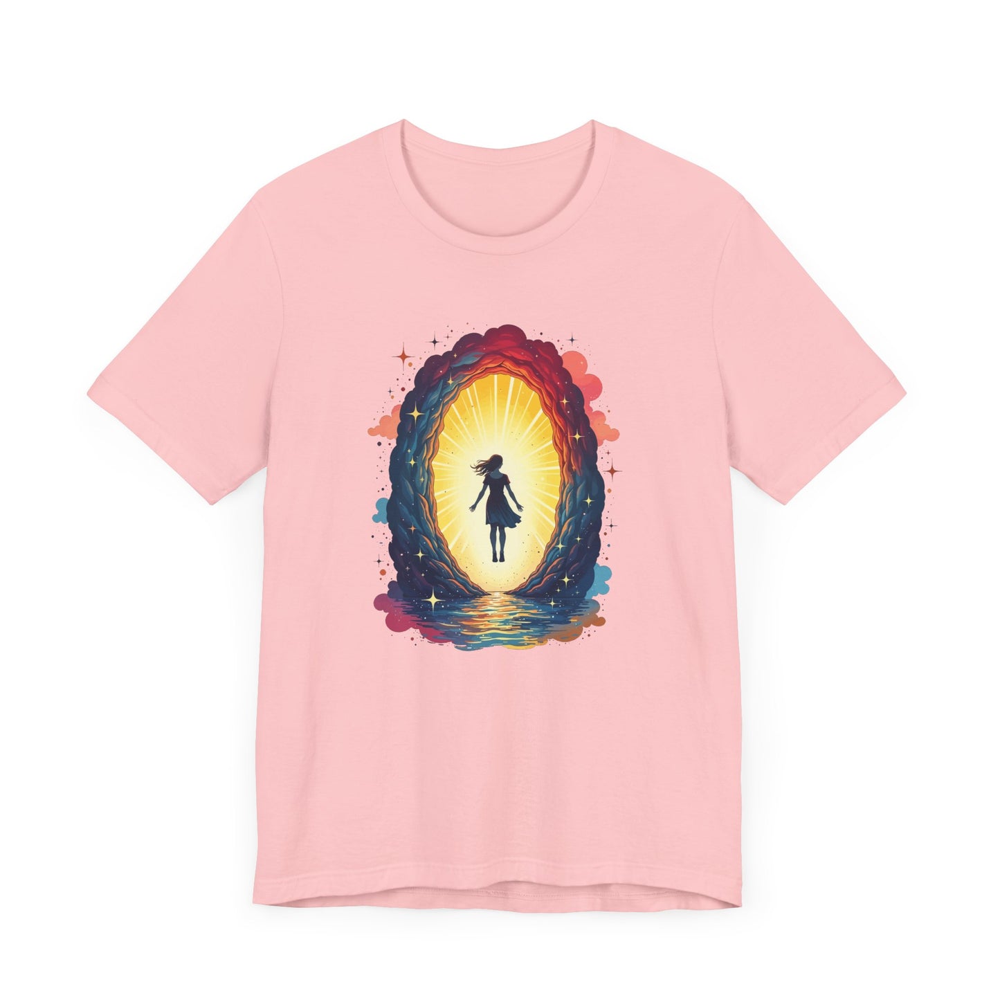 Interdimensional Chill – Floating Woman in Cosmic Portal Graphic T-Shirt