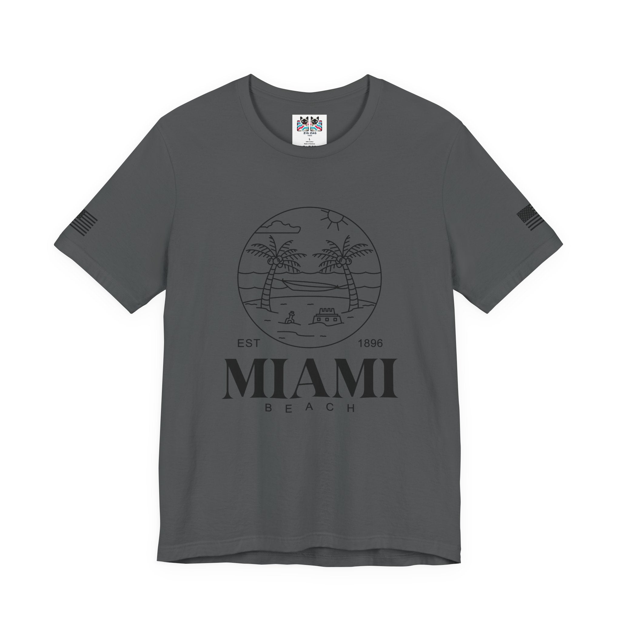Miami Beach EST 1896 T-Shirt – Circle Line Art Badge Hammock Palm Tree Graphic Tee