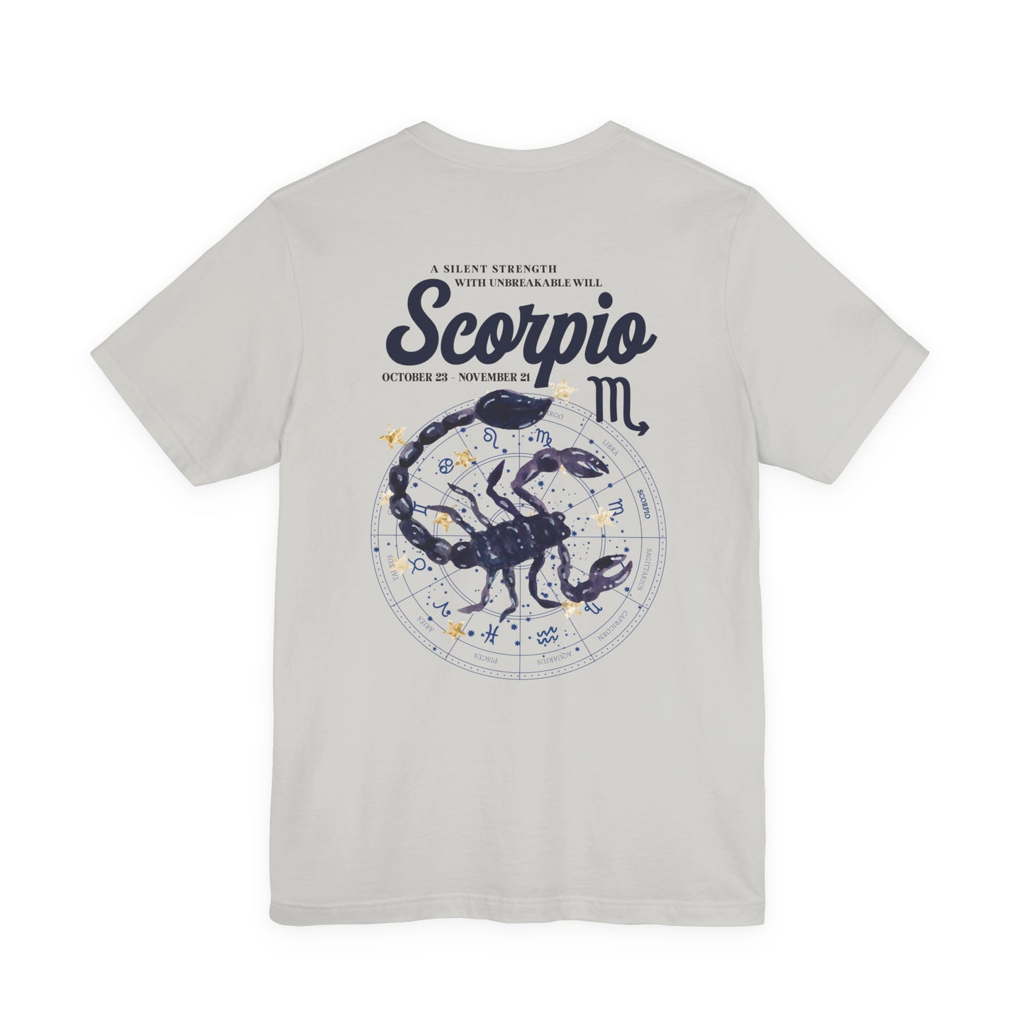 Scorpio Silent Strength T-Shirt – Scorpion with Zodiac Calendar Background