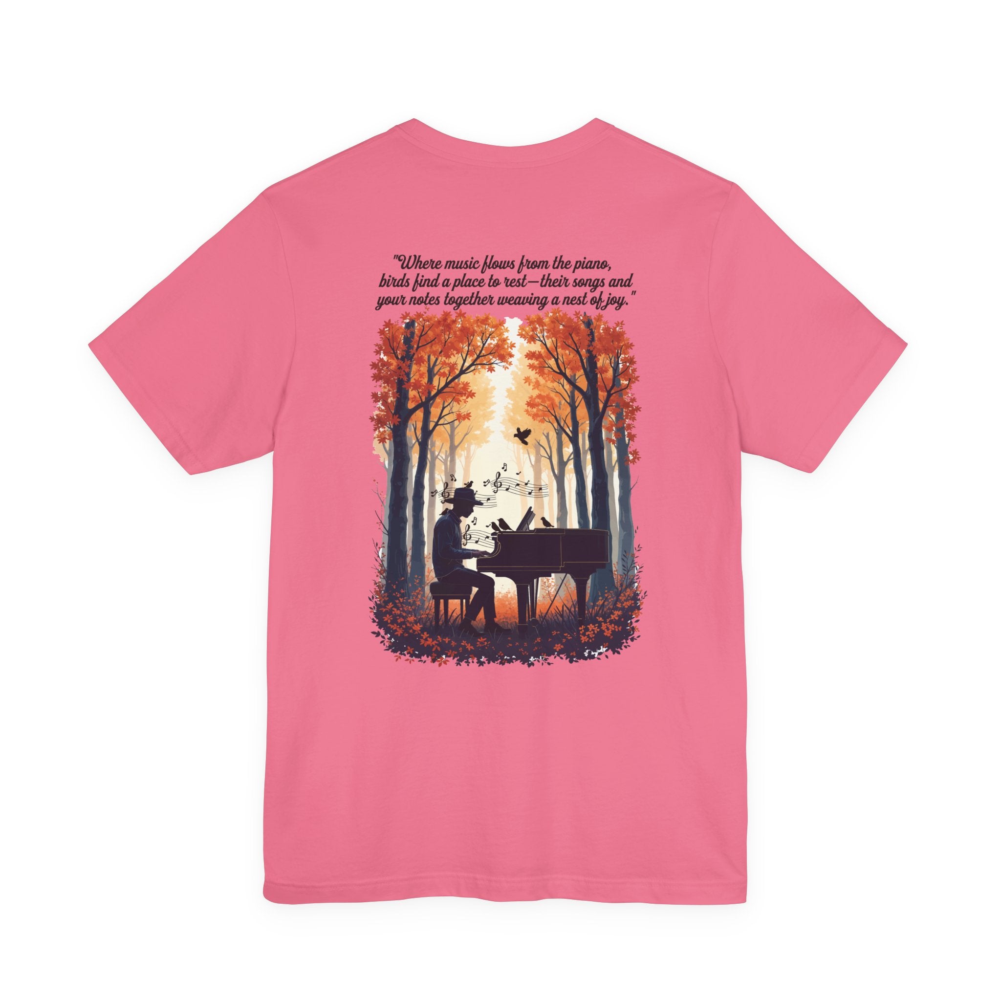 Music & Nature Harmony T-Shirt – Grand Piano in Autumn Forest Scene [Black Text]