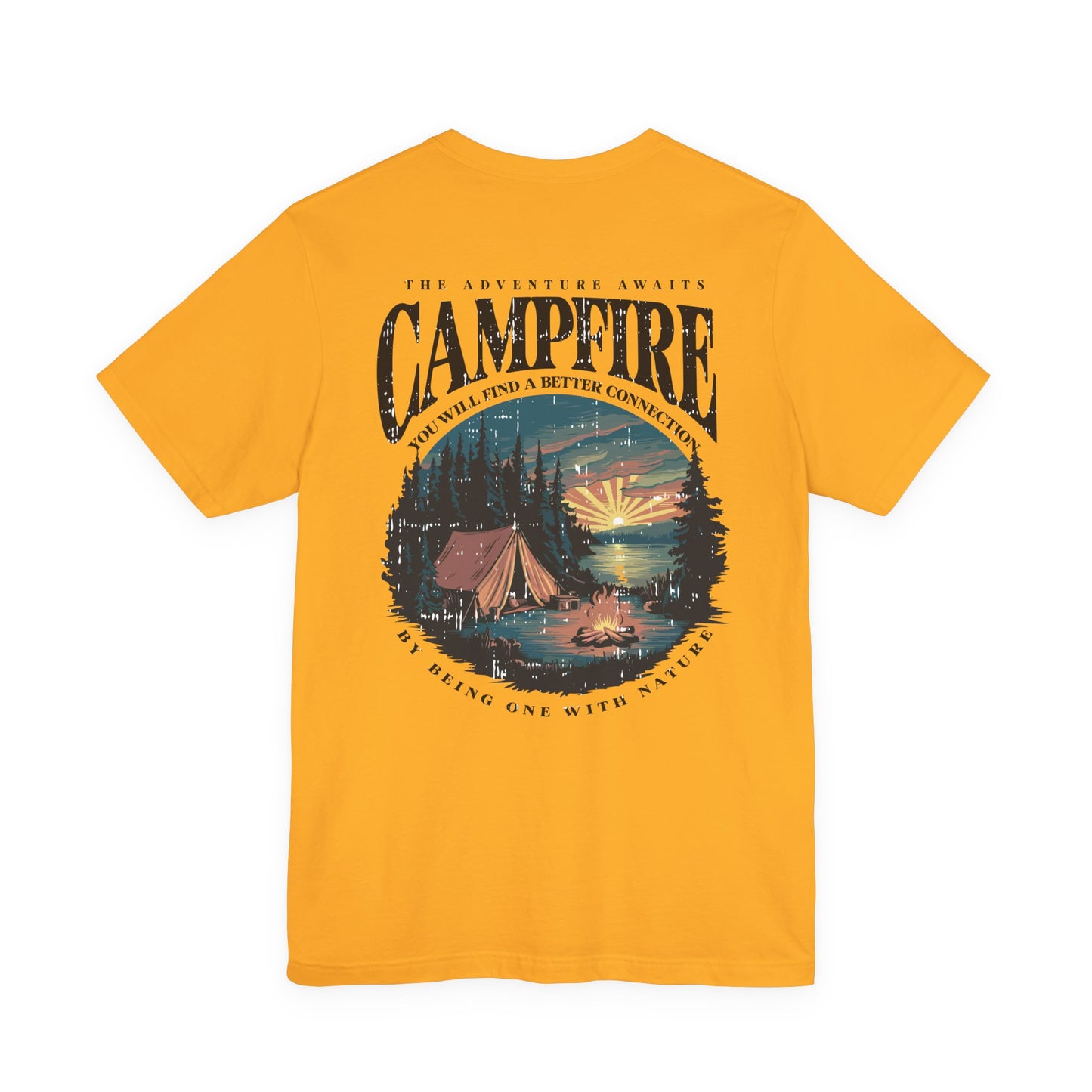 The Adventure Awaits Campfire T-Shirt – Forest Sunset Reflection Graphic