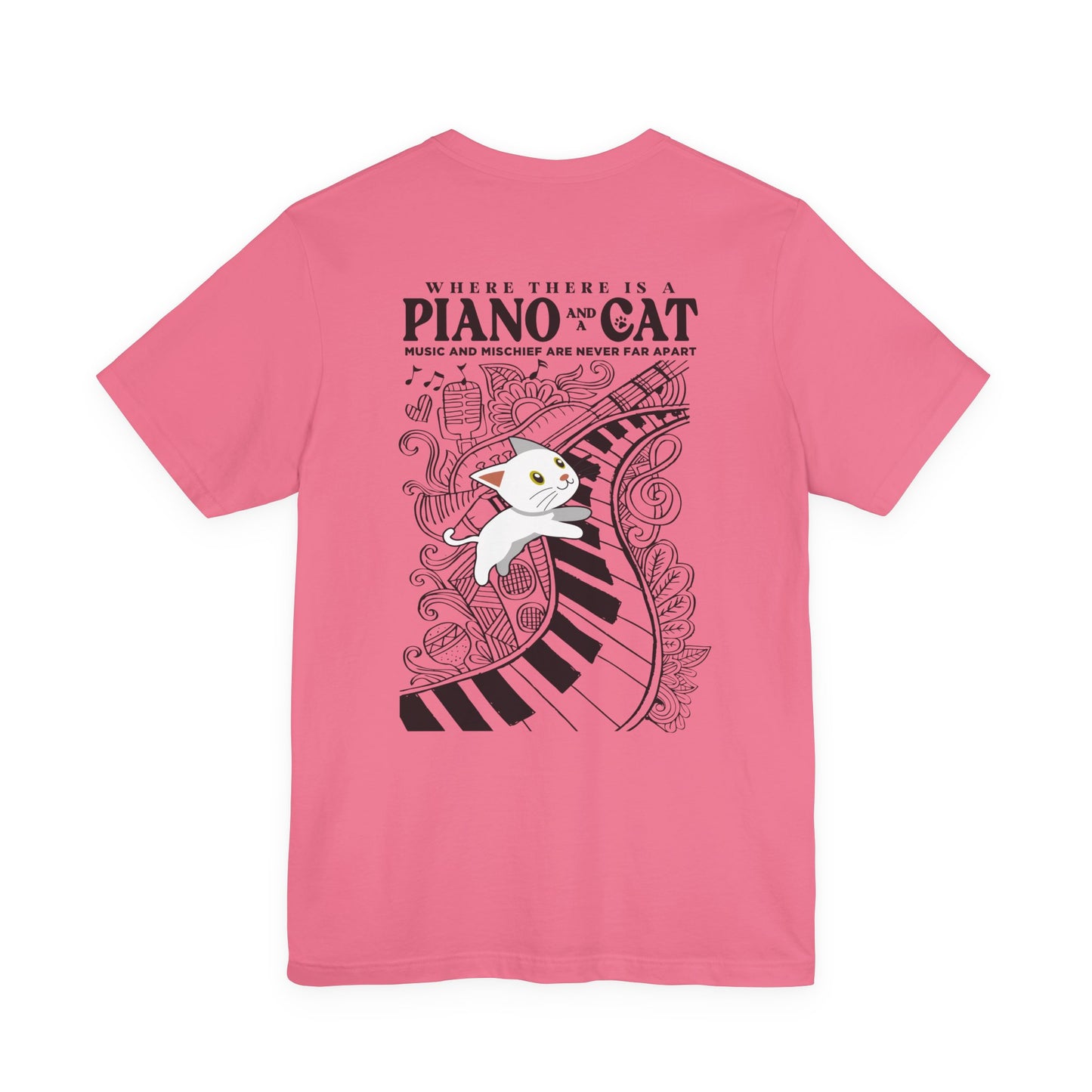 Music and Mischief T-Shirt – Piano and Playful Cat Graphic