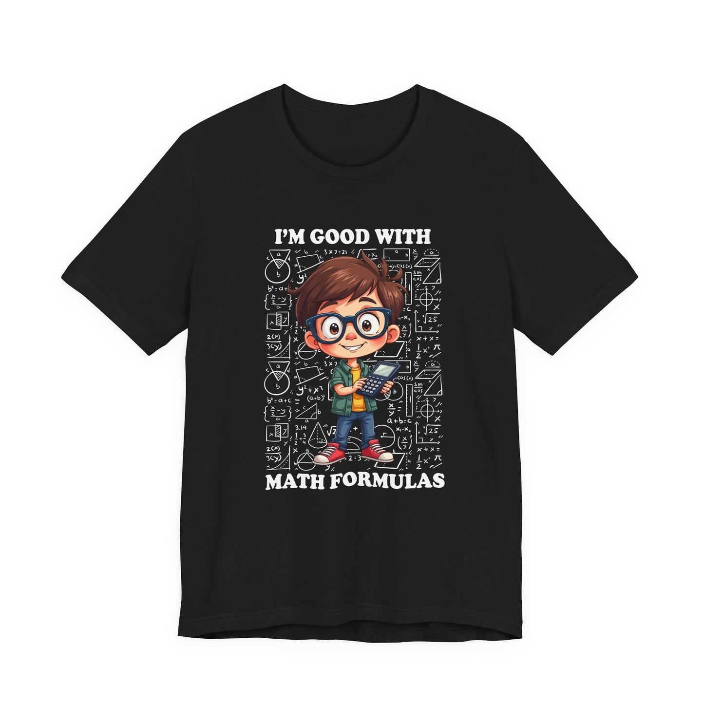 I'm Good with Math Formulas Tshirt – Happy Boy with Calculator and Math Diagrams