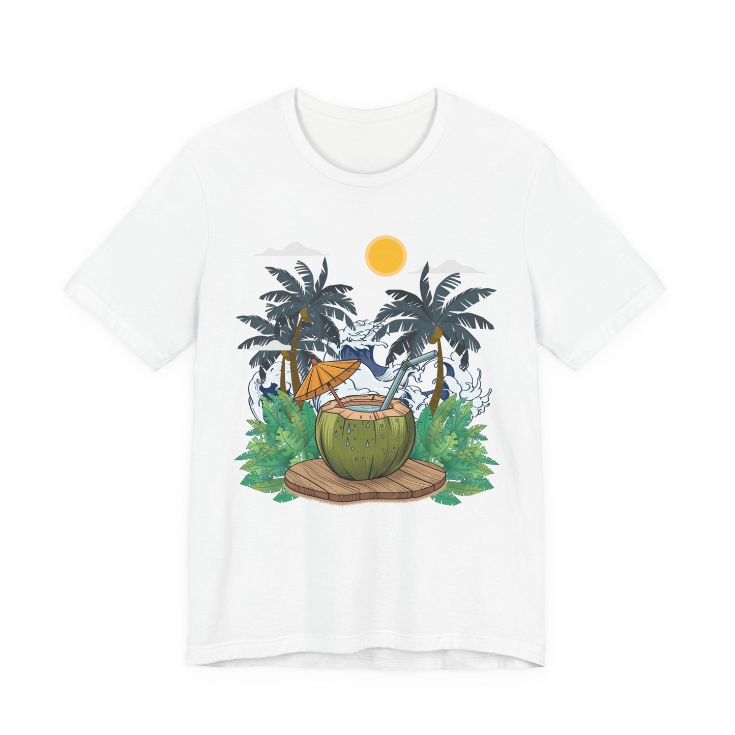 Paradise Found Tropical Refresh – Tender Coconut Drink with Palm Leaves & Ocean Waves Graphic T-Shirt